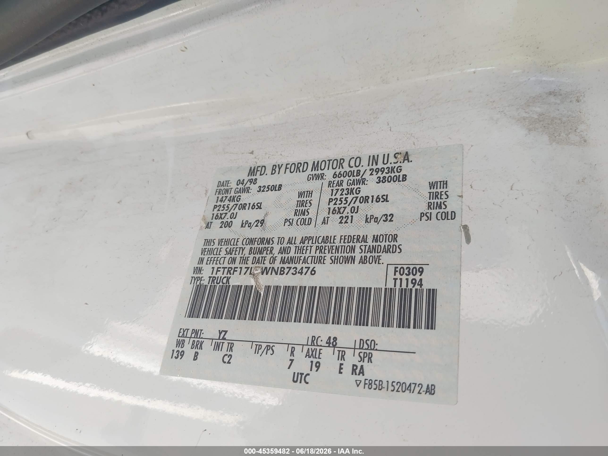 1998 Ford F-150 Lariat/standard/xl/xlt White vin: 1FTRF17L2WNB73476