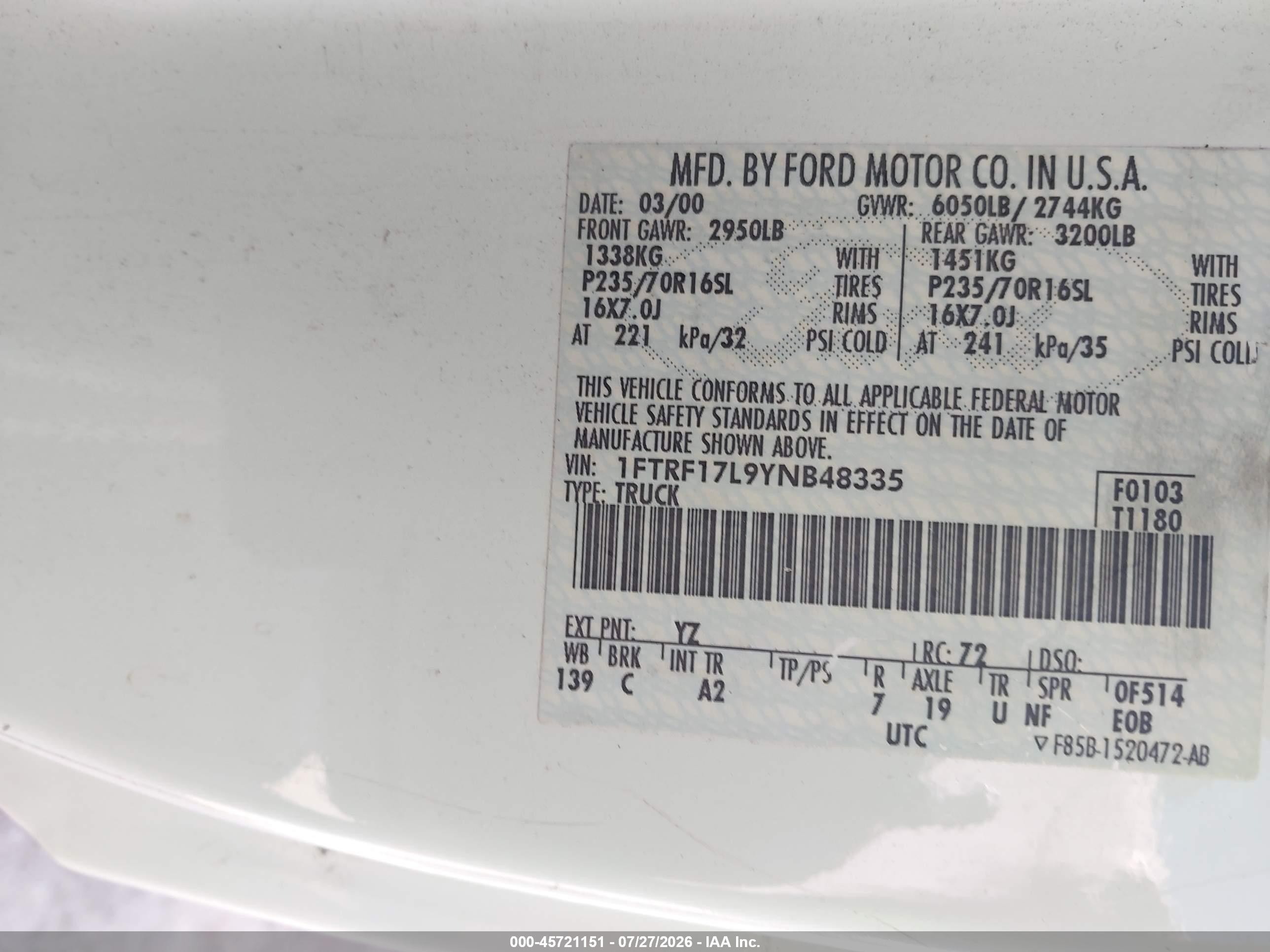 2000 Ford F-150 Work Series/xl/xlt White vin: 1FTRF17L9YNB48335