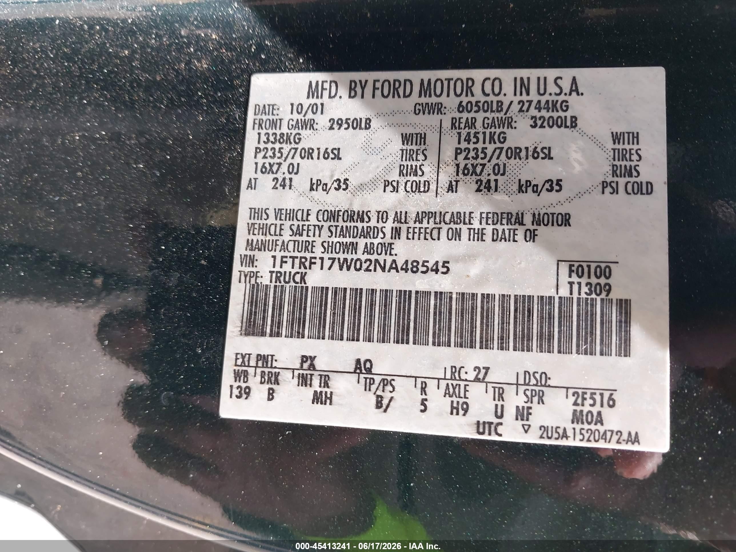 2002 Ford F-150 Xl/xlt Green vin: 1FTRF17W02NA48545