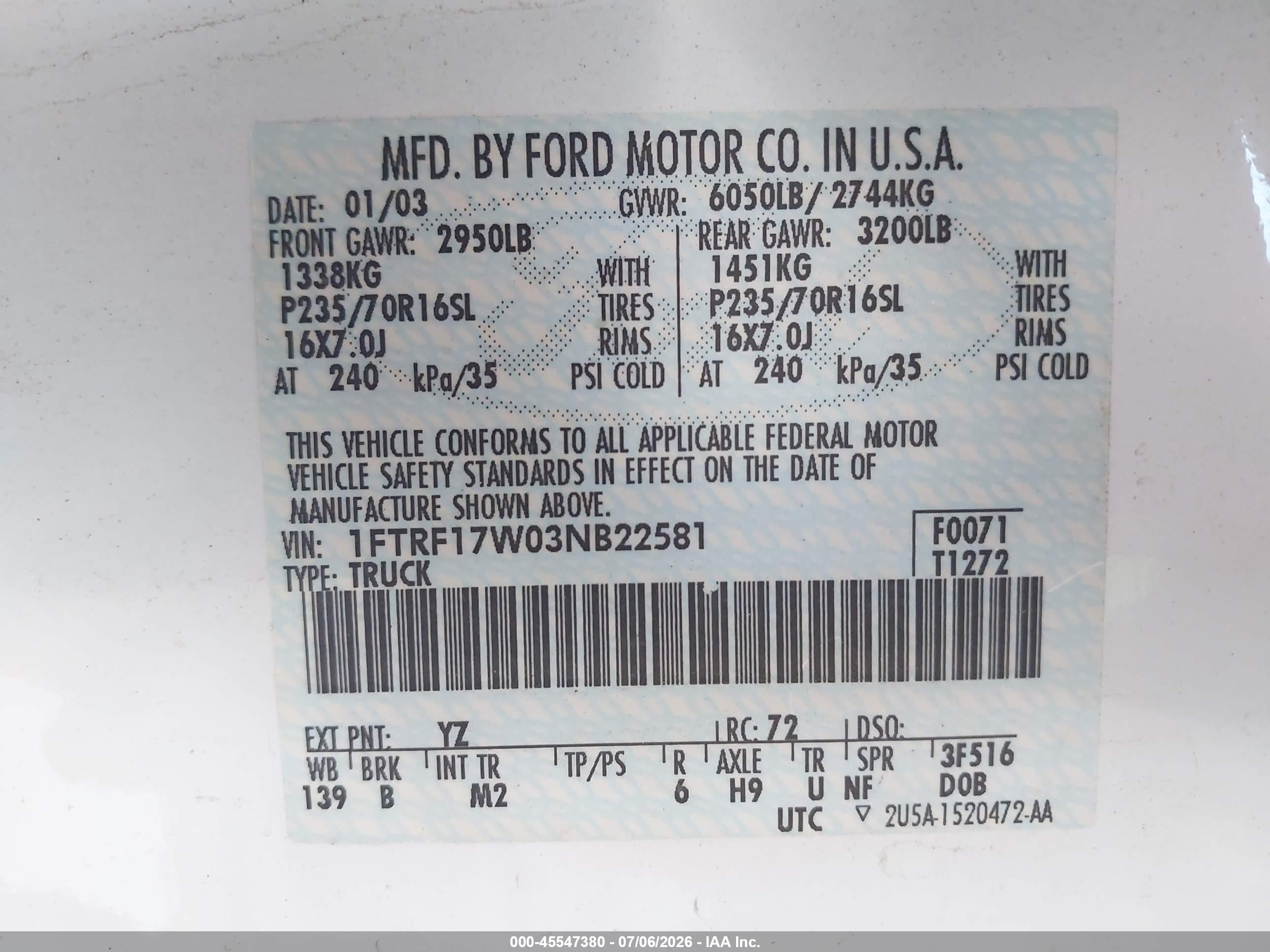 2003 Ford F-150 Xl/xlt White vin: 1FTRF17W03NB22581