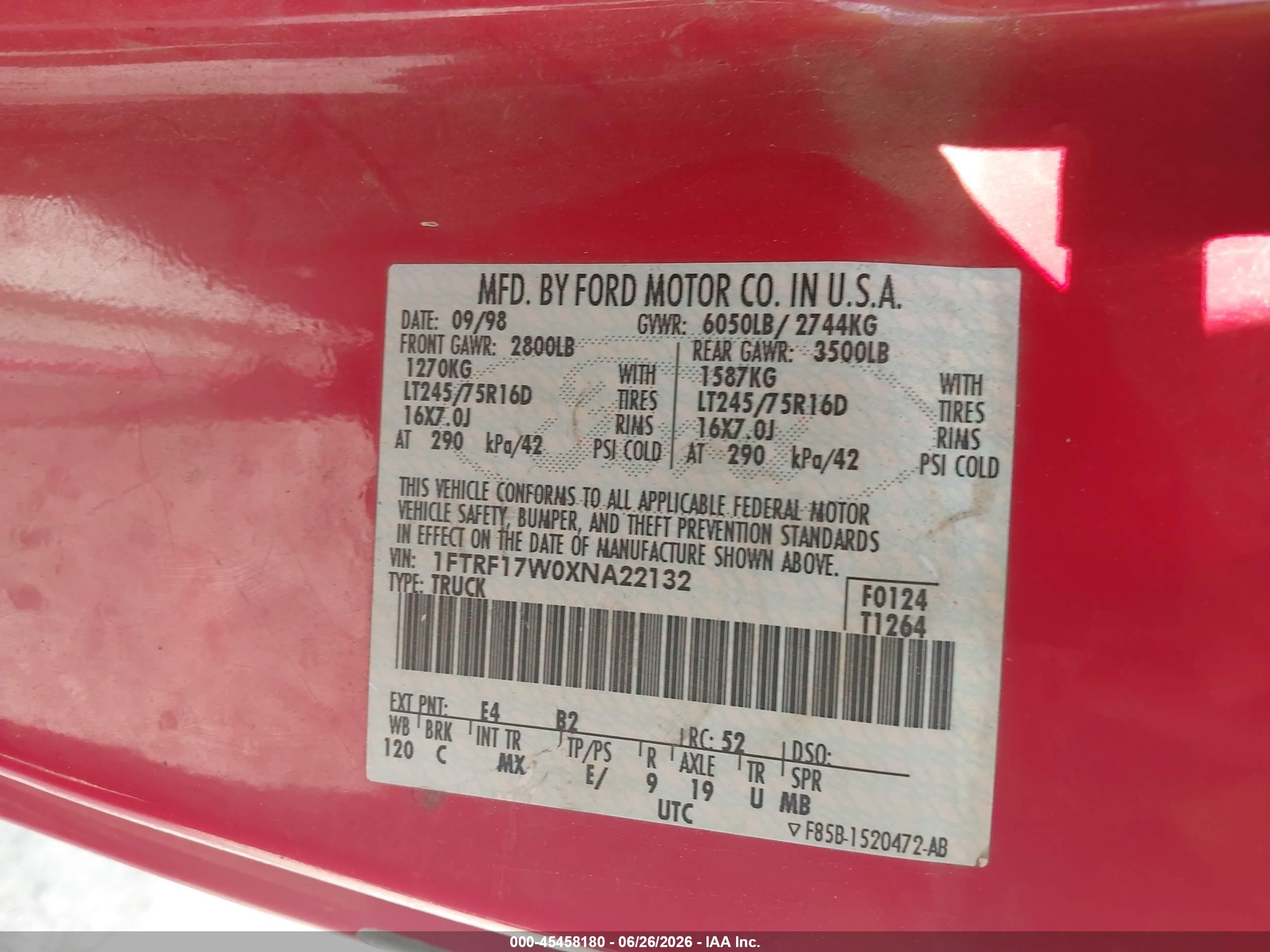 1999 Ford F-150 Lariat/work Series/xl/xlt Red vin: 1FTRF17W0XNA22132