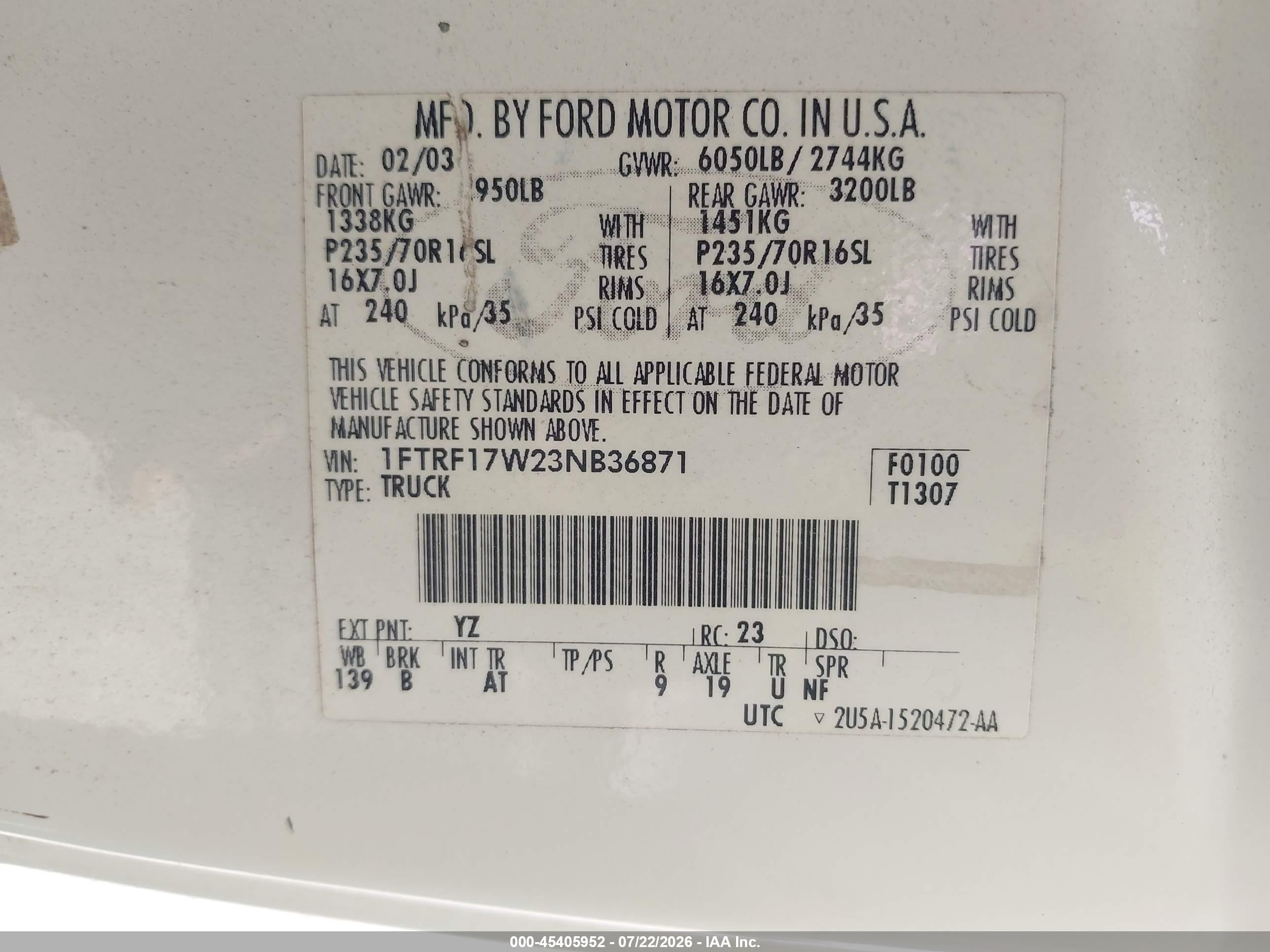 2003 Ford F-150 Xl/xlt Белый vin: 1FTRF17W23NB36871