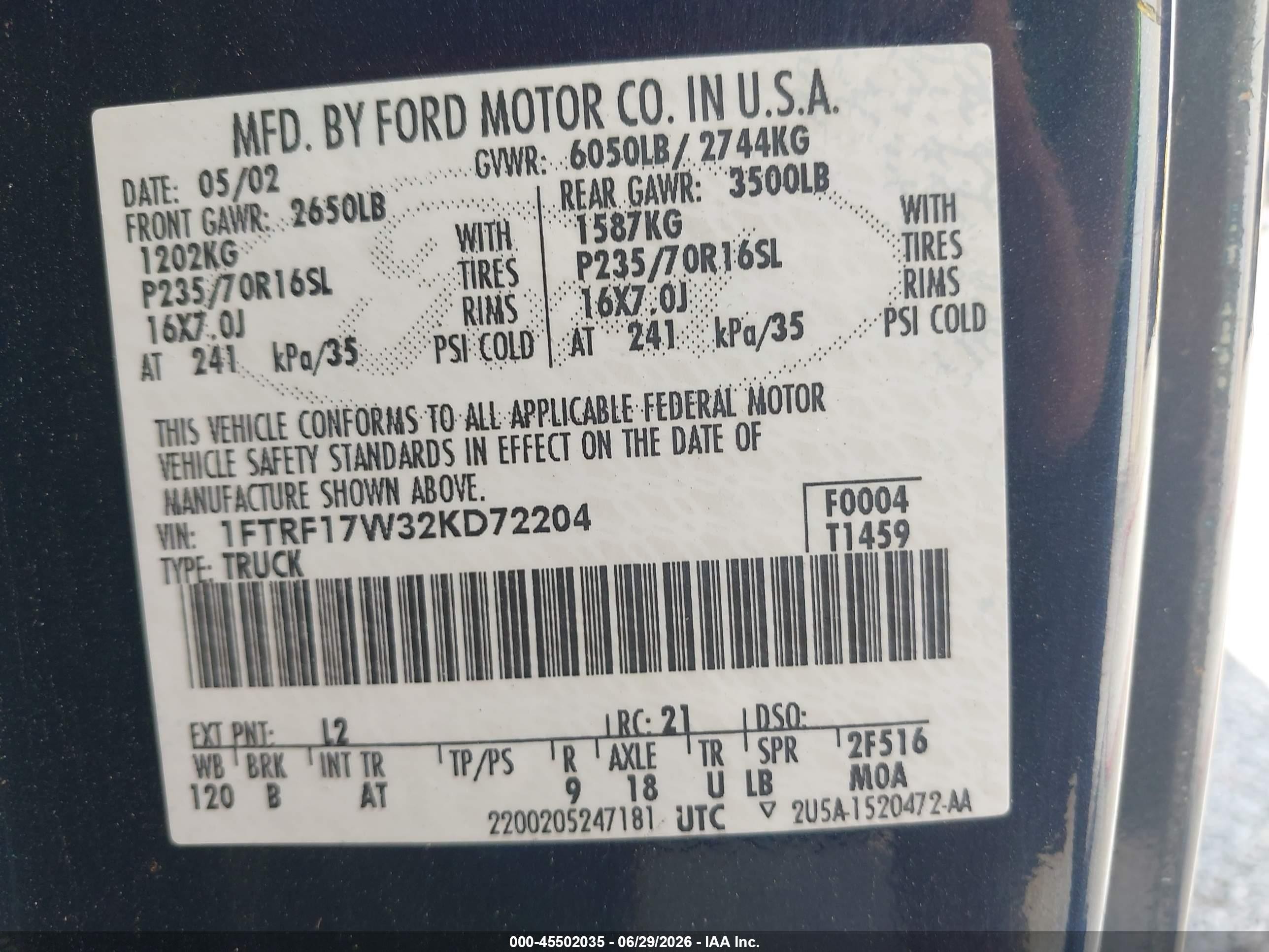 2002 Ford F-150 Xl/xlt Blue vin: 1FTRF17W32KD72204