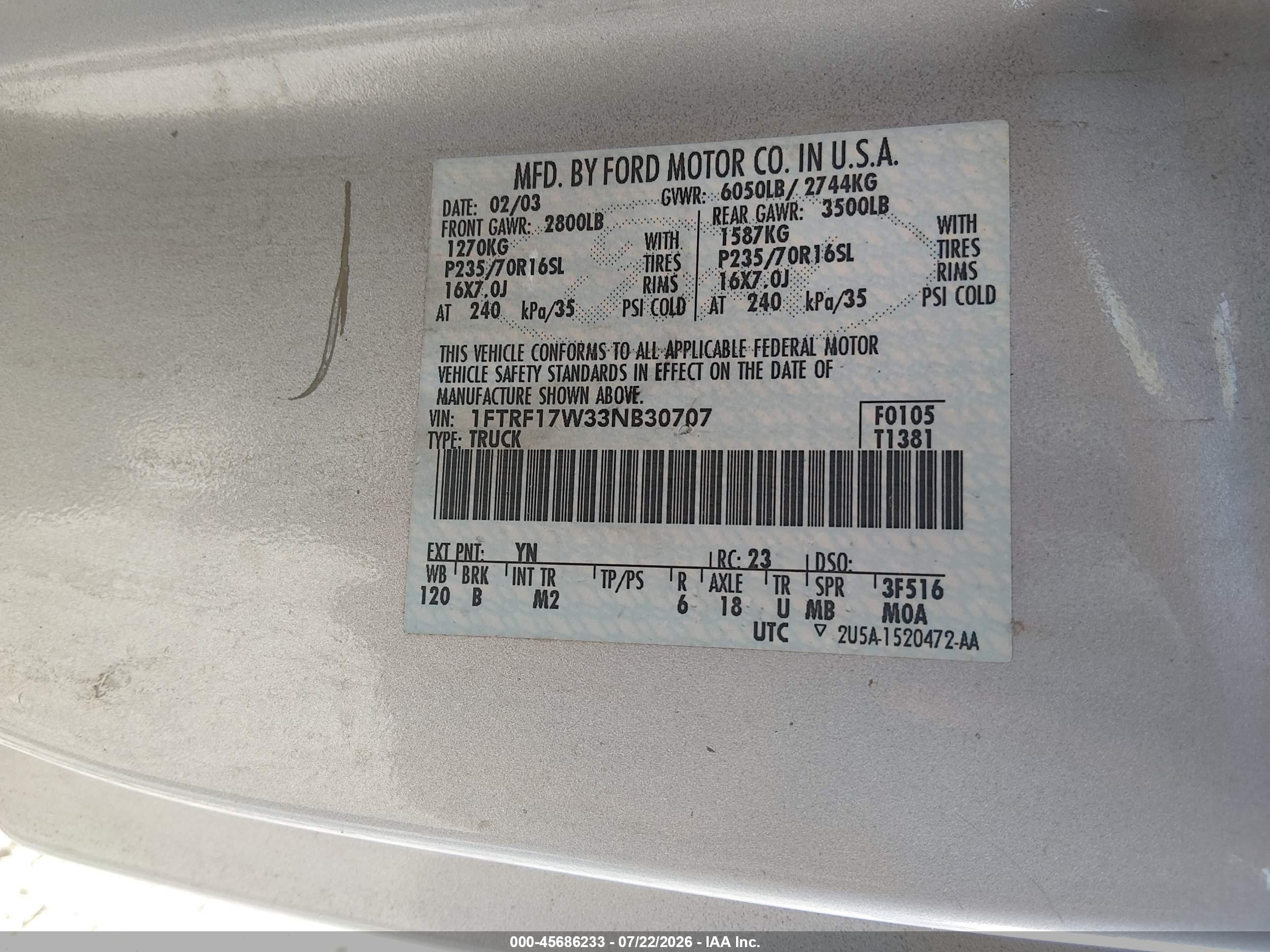2003 Ford F-150 Xl/xlt Gray vin: 1FTRF17W33NB30707