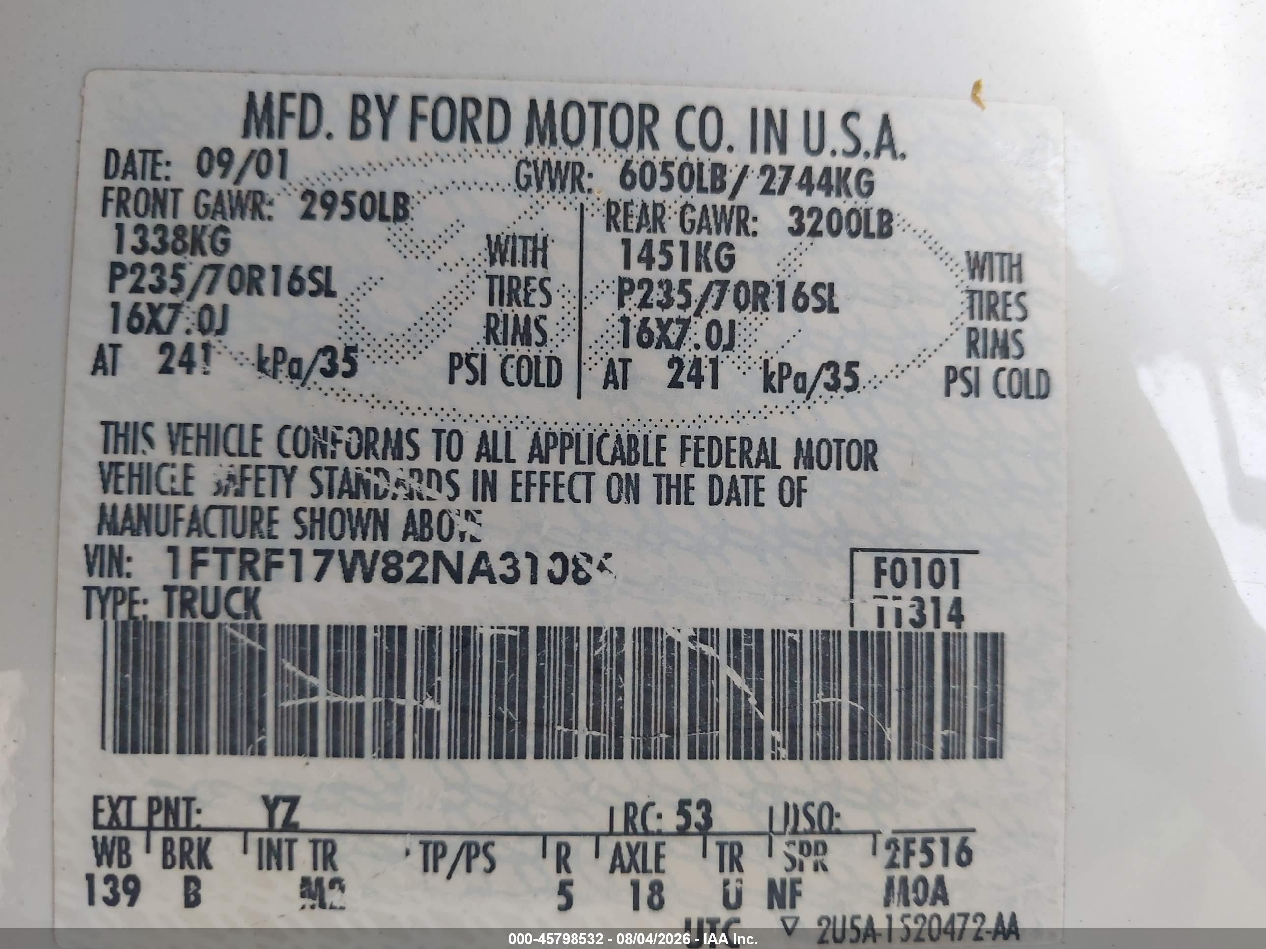 2002 Ford F-150 Xl/xlt Белый vin: 1FTRF17W82NA31086