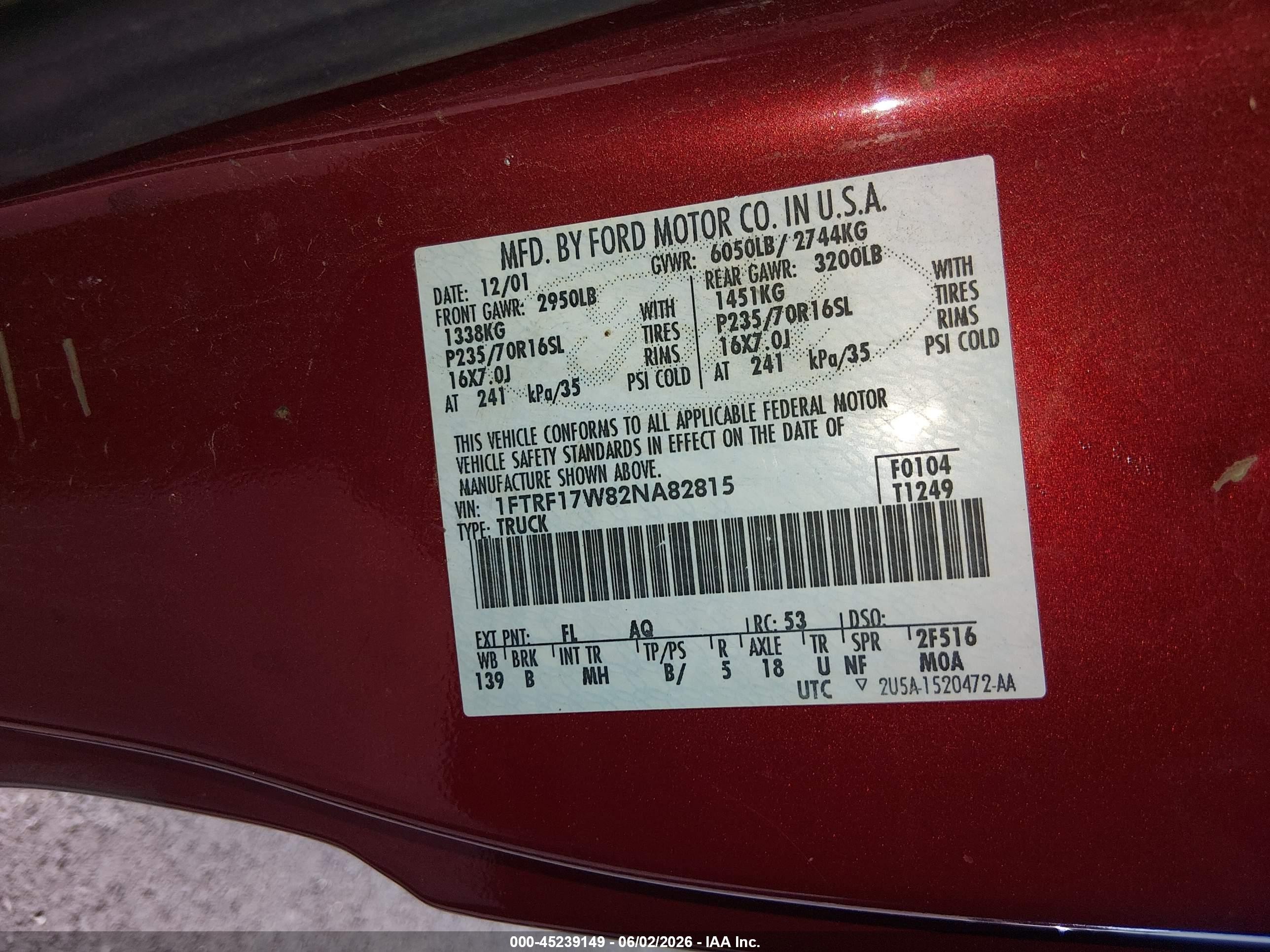 2002 Ford F-150 Xl/xlt Red vin: 1FTRF17W82NA82815