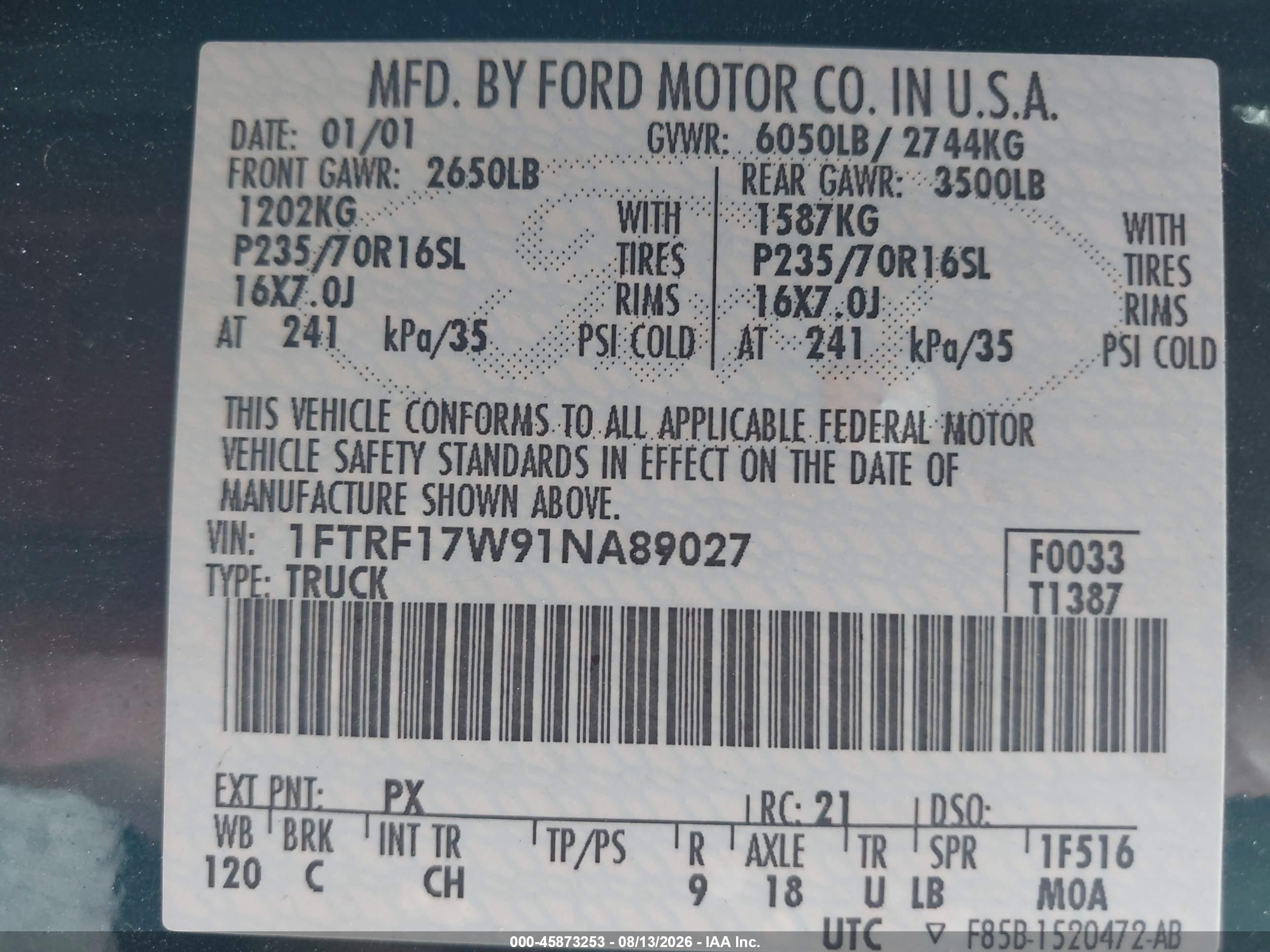 2001 Ford F-150 Xl/xlt Gray vin: 1FTRF17W91NA89027