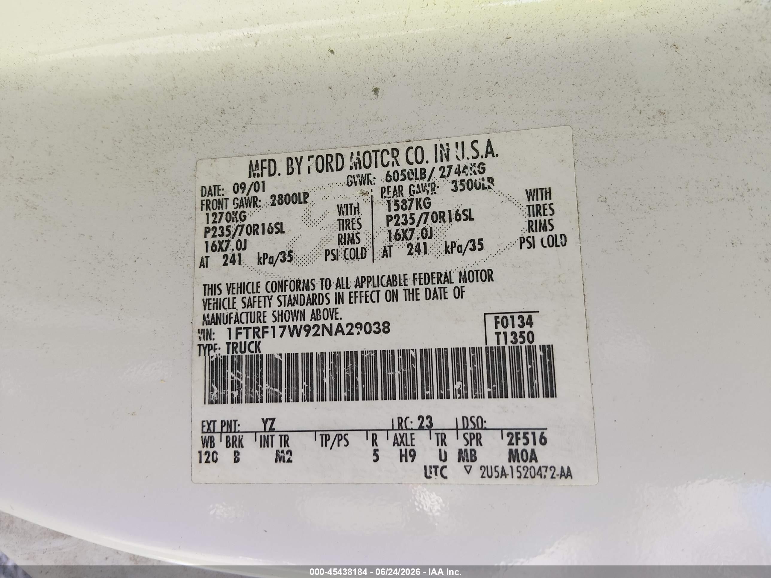 2002 Ford F-150 Xl/xlt White vin: 1FTRF17W92NA29038
