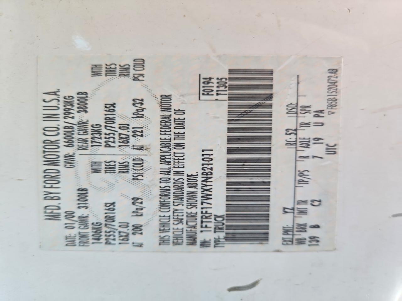 2000 Ford F150 White vin: 1FTRF17WXYNB21011