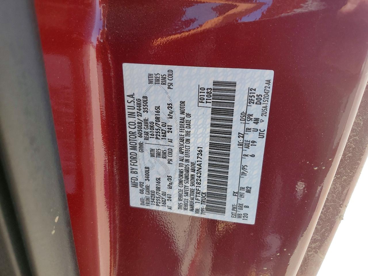 2003 Ford F150 Red vin: 1FTRF18243NA17361