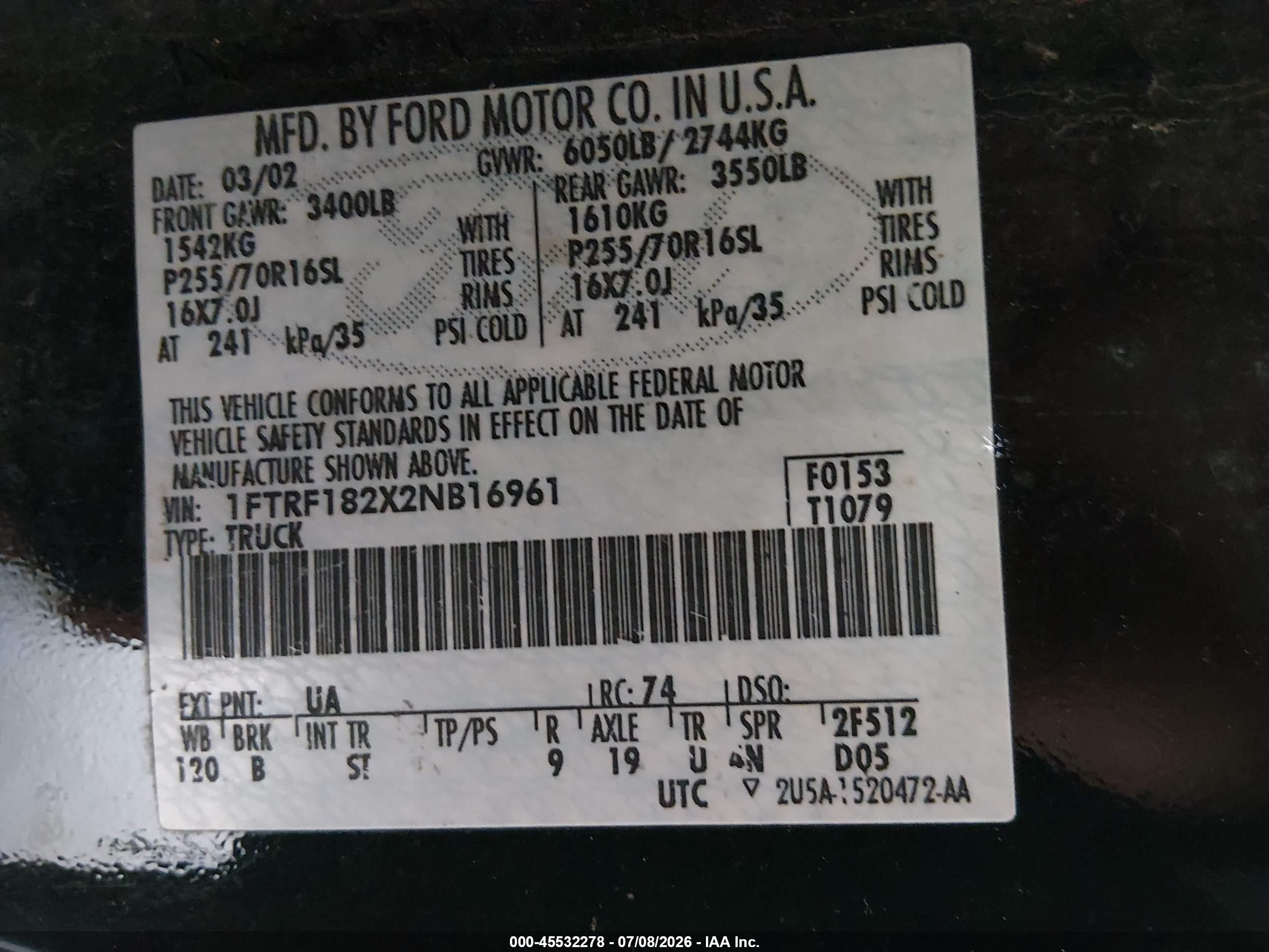2002 Ford F150   Black vin: 1FTRF182X2NB16961