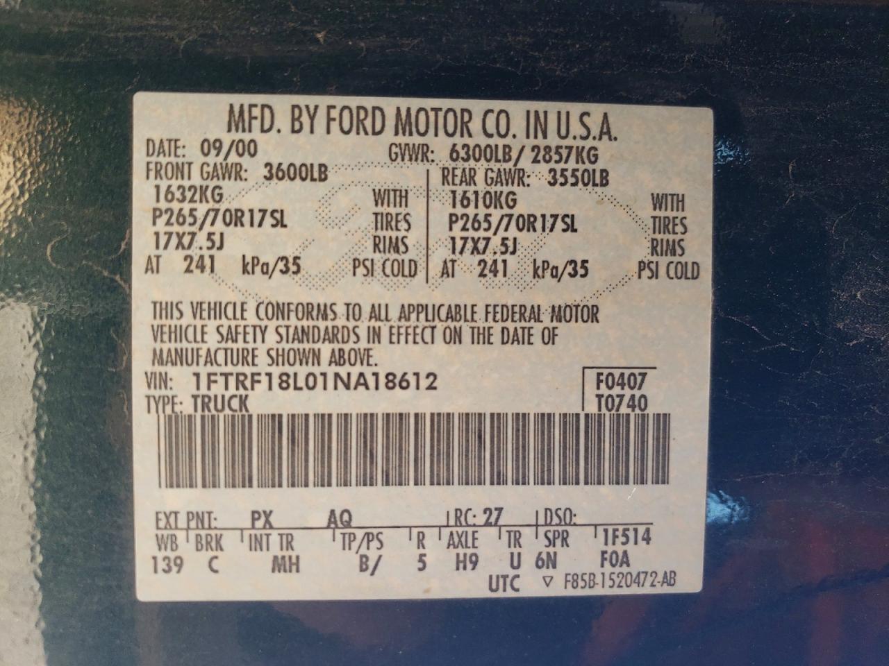 2001 Ford F150 Зеленый vin: 1FTRF18L01NA18612