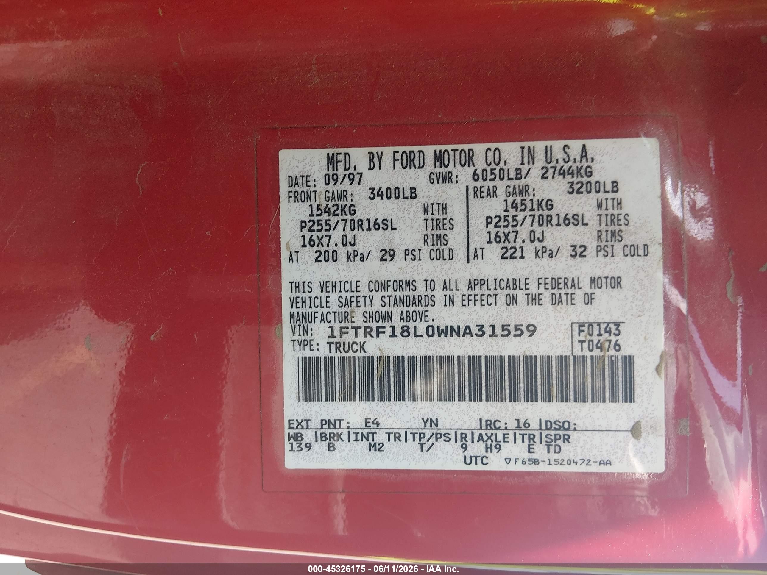 1998 Ford F-150 Lariat/standard/xl/xlt Red vin: 1FTRF18L0WNA31559
