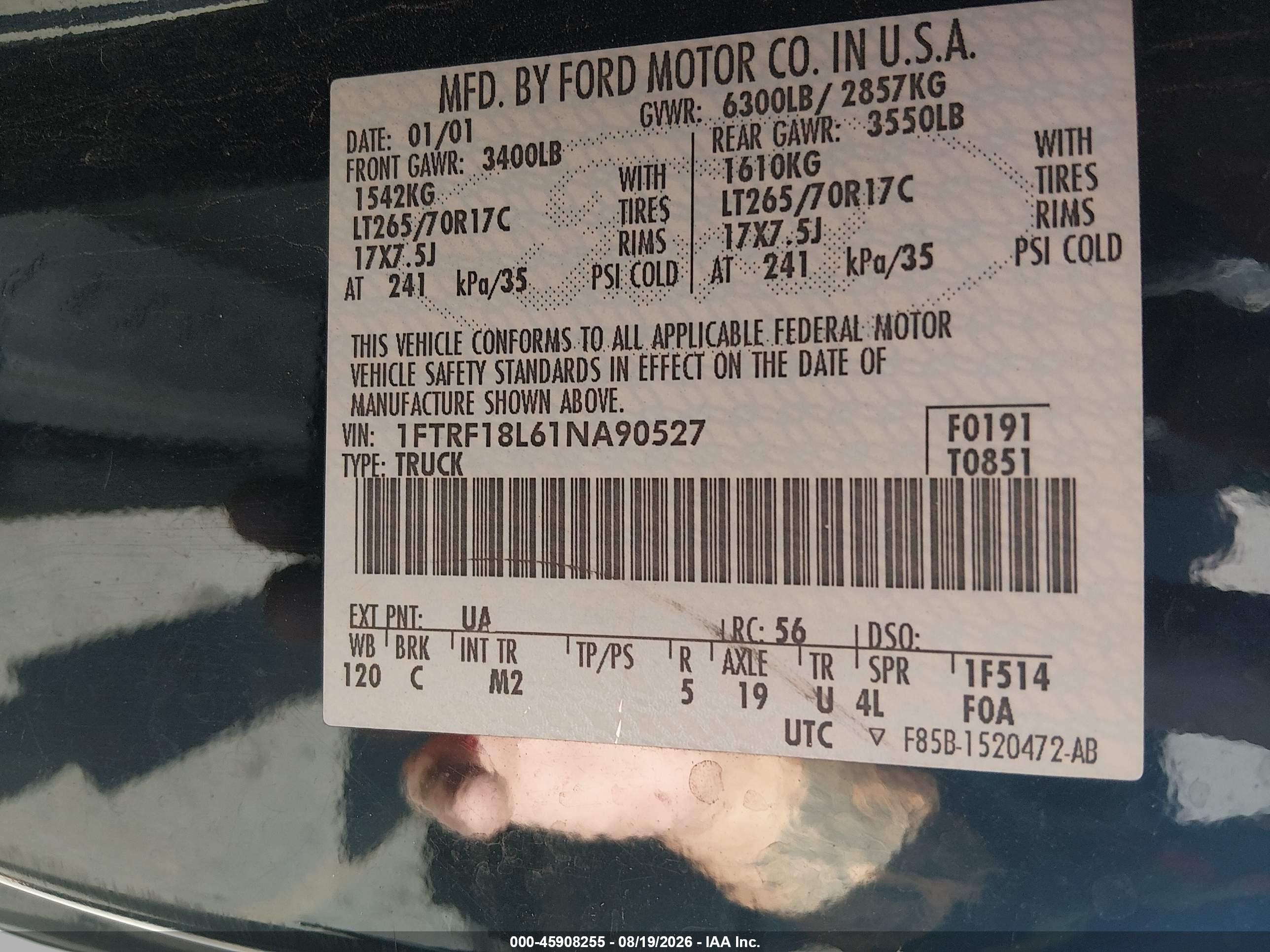 2001 Ford F-150 Xl/xlt Black vin: 1FTRF18L61NA90527