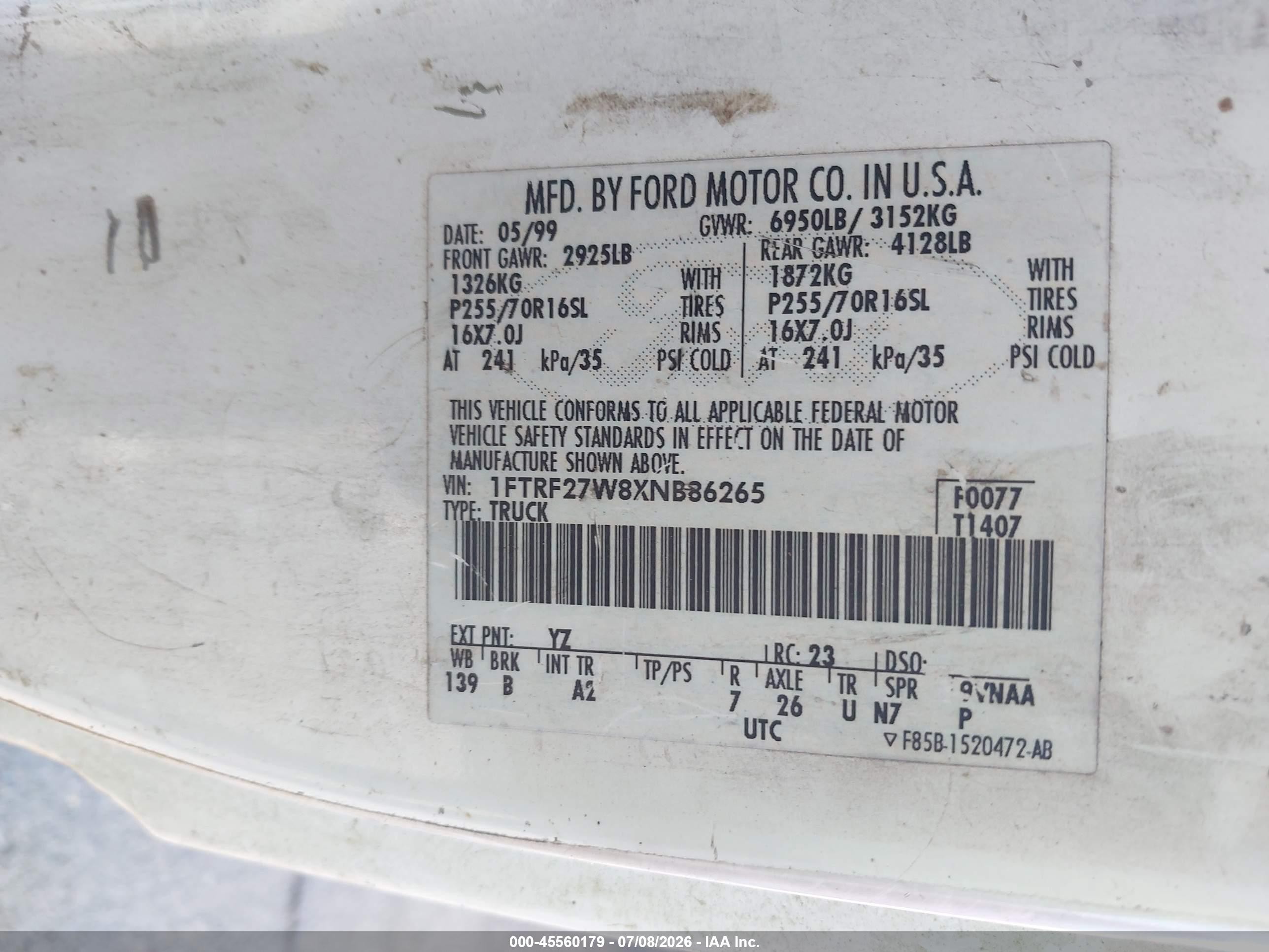 1999 Ford F-250 Lariat/work Series/xl/xlt White vin: 1FTRF27W8XNB86265