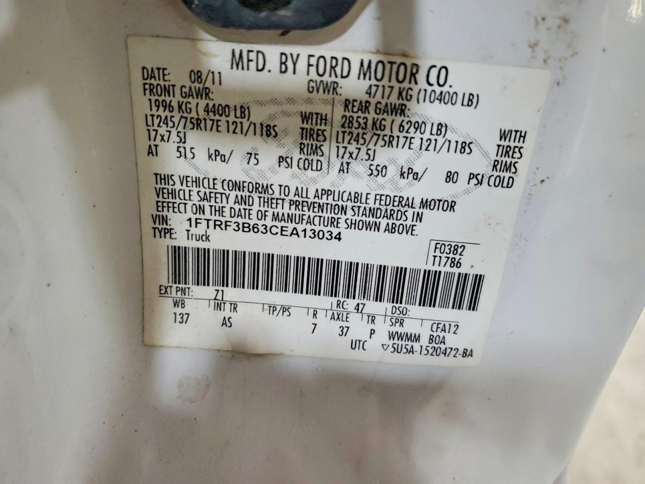 2012 Ford F350 Super Duty White vin: 1FTRF3B63CEA13034
