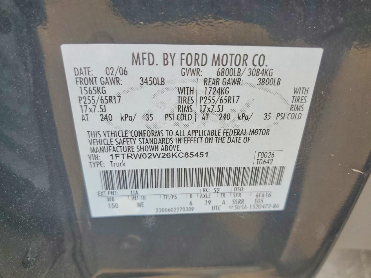 2006 Ford F150 Черный vin: 1FTRW02W26KC85451