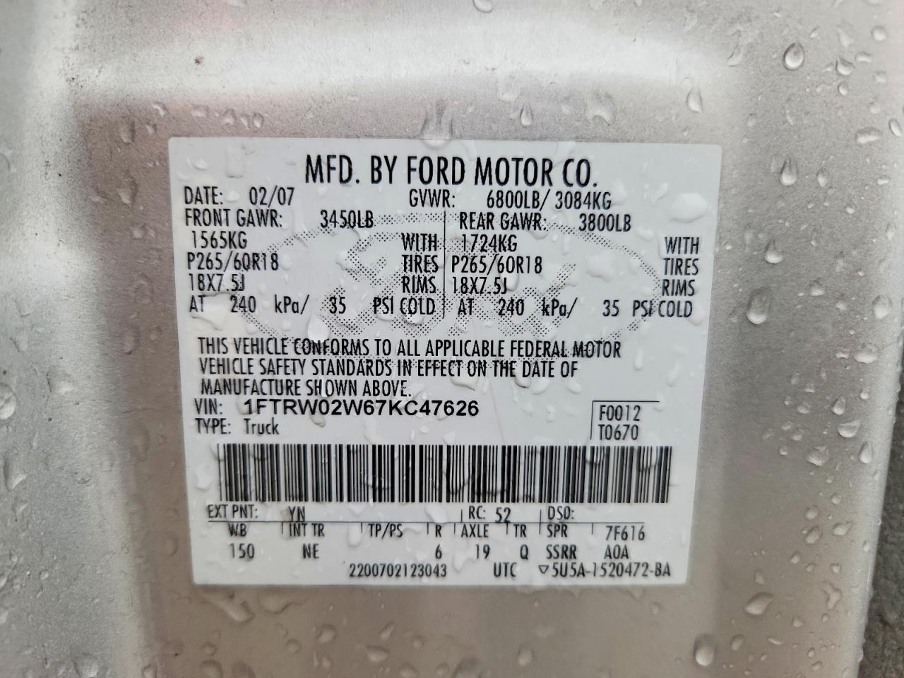2007 Ford F150 Supercrew Silver vin: 1FTRW02W67KC47626