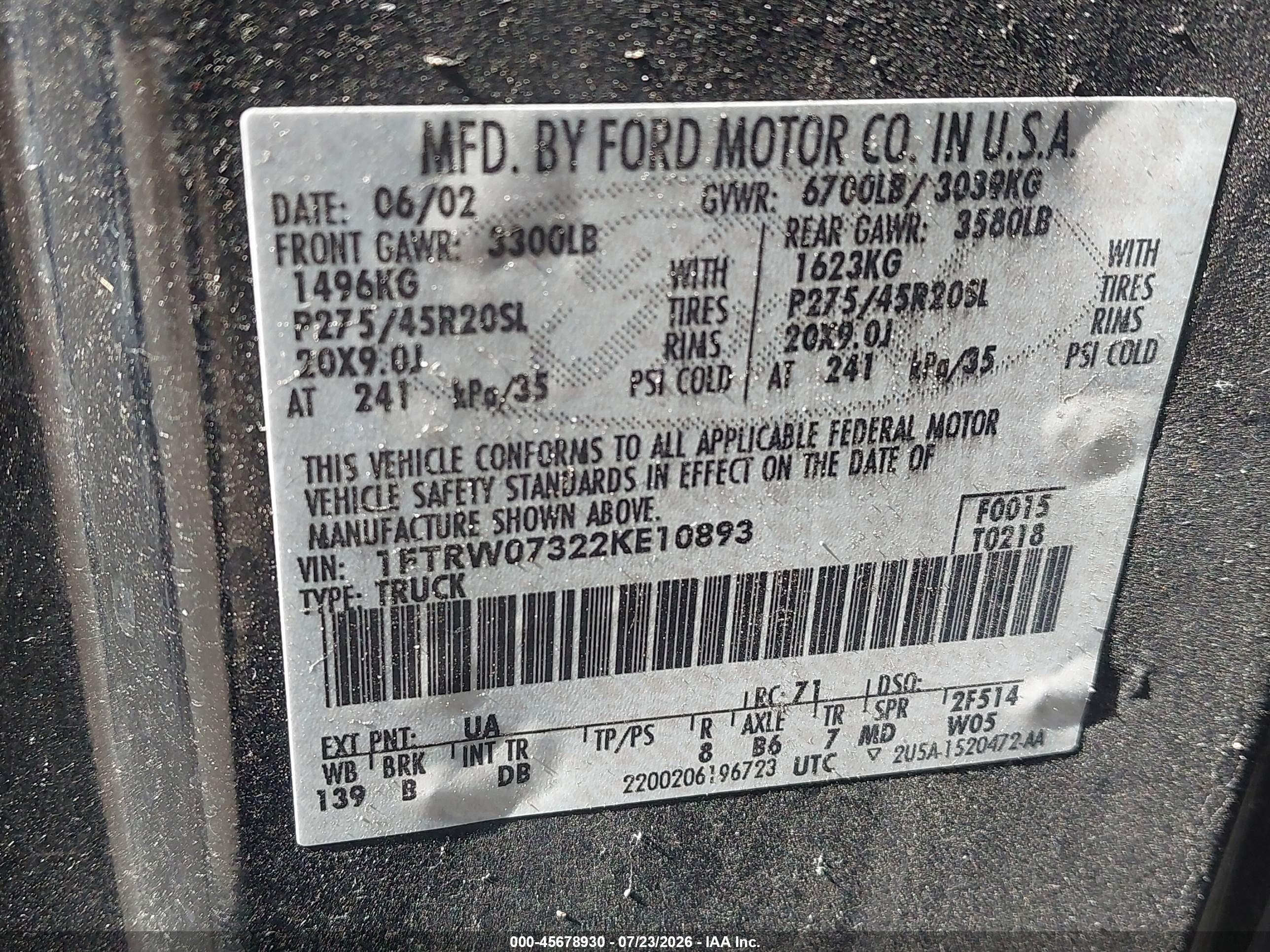 2002 Ford F-150 Lariat Black vin: 1FTRW07322KE10893
