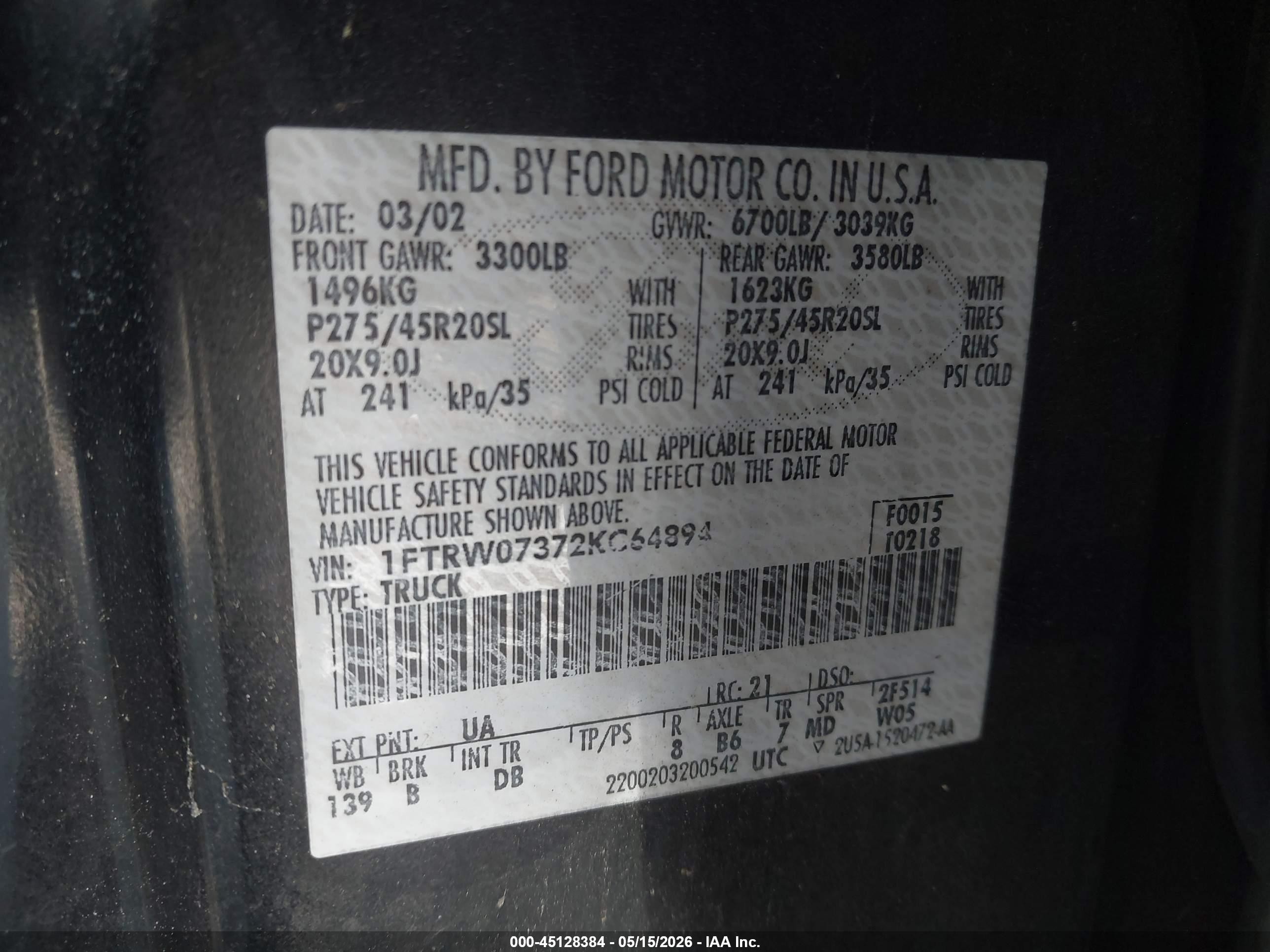2002 Ford F-150 Lariat Черный vin: 1FTRW07372KC64894