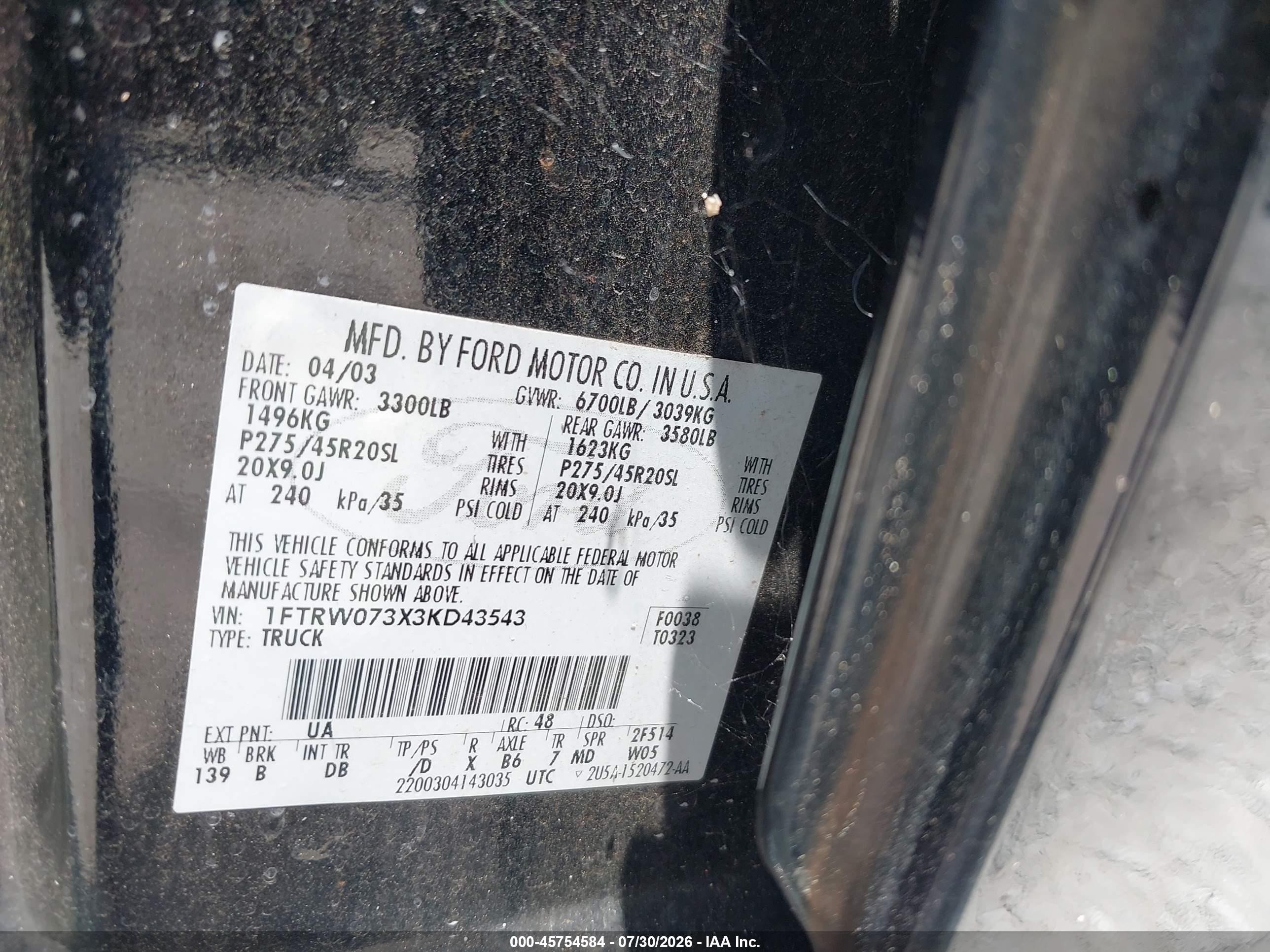 2003 Ford F-150 Lariat Black vin: 1FTRW073X3KD43543