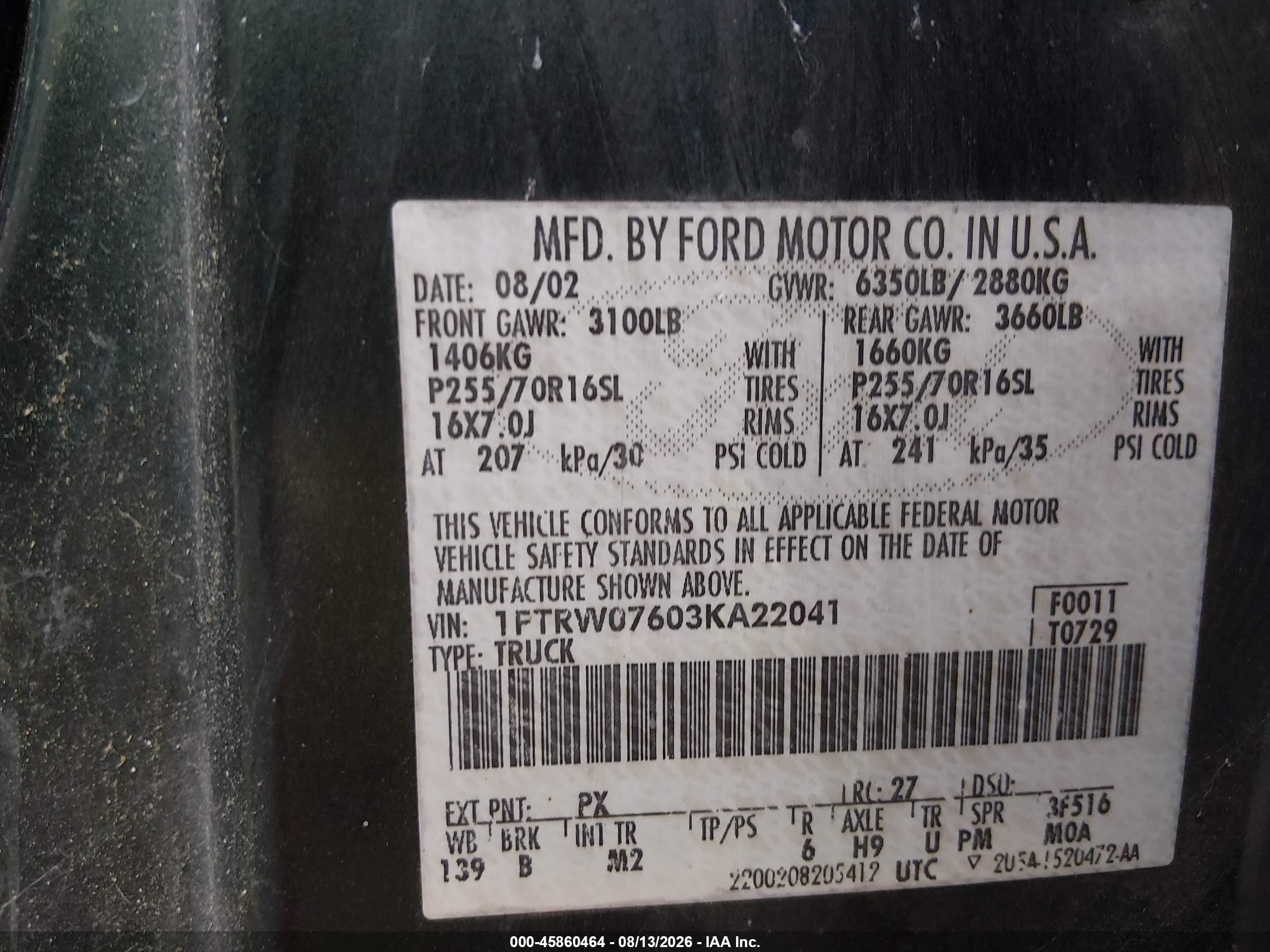 2003 Ford F-150 Lariat/xlt Green vin: 1FTRW07603KA22041