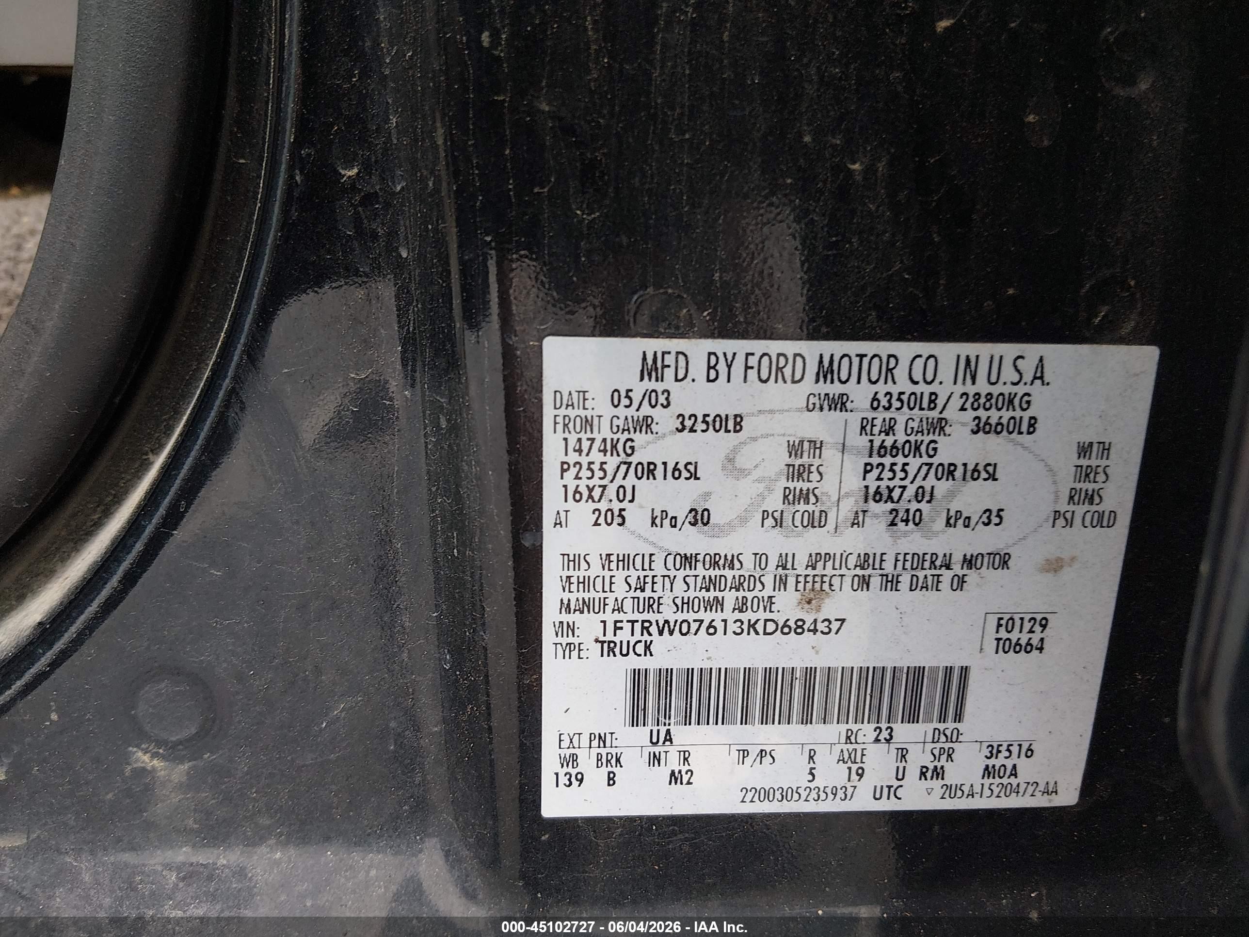 2003 Ford F-150 Lariat/xlt Black vin: 1FTRW07613KD68437