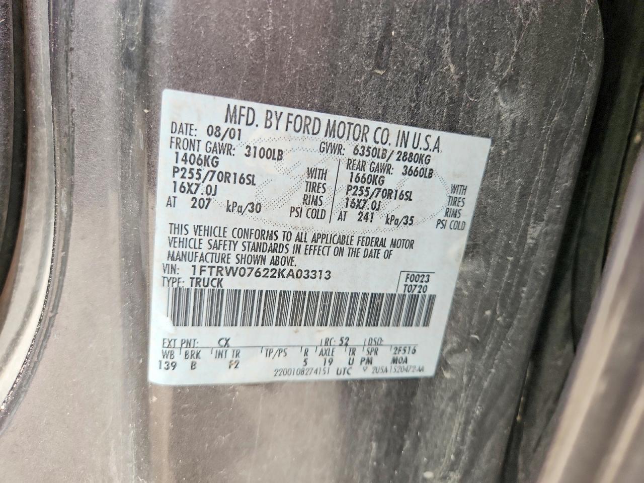 2002 Ford F150 Supercrew Gray vin: 1FTRW07622KA03313