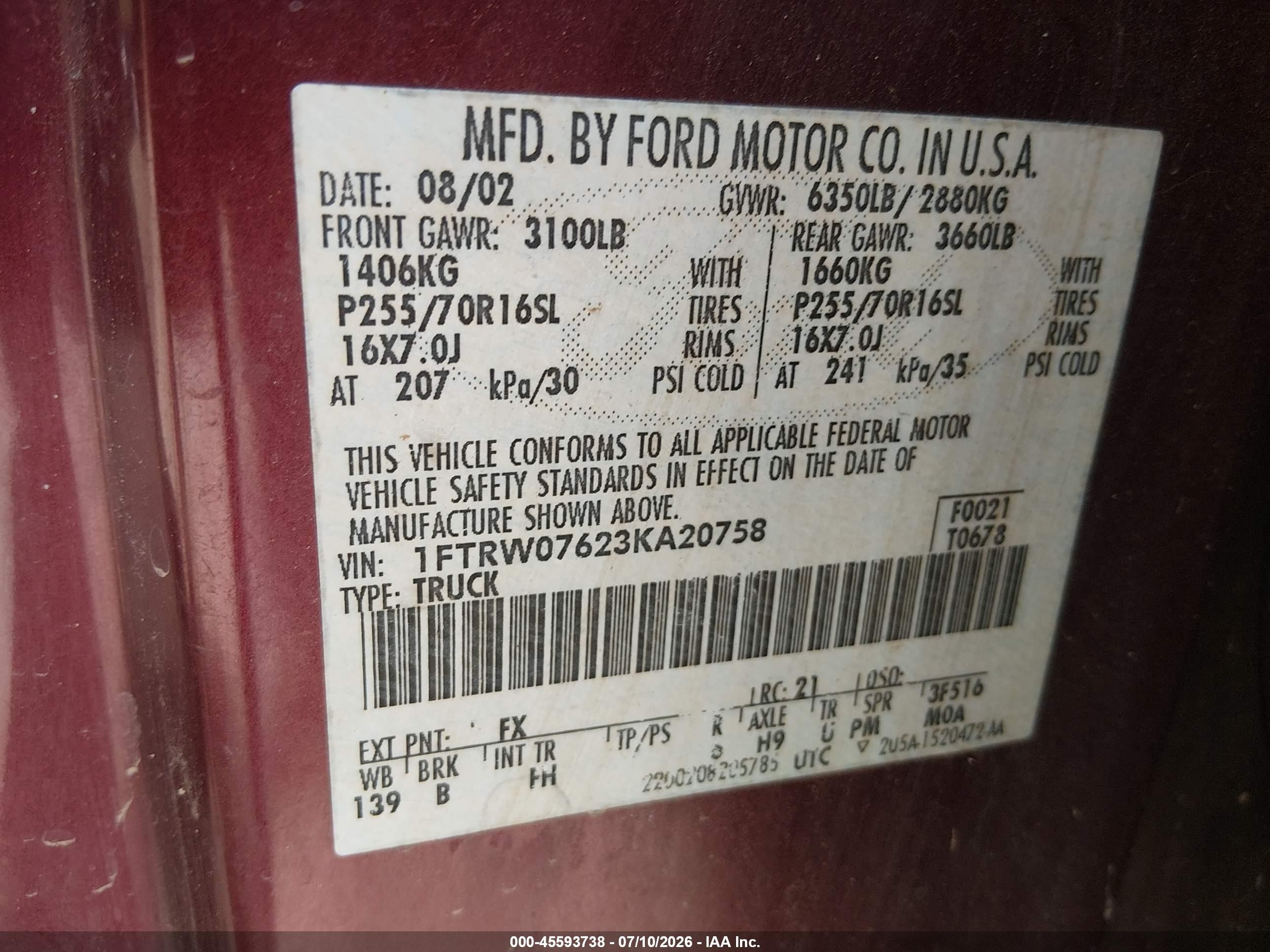 2003 Ford F-150 Lariat/xlt Red vin: 1FTRW07623KA20758