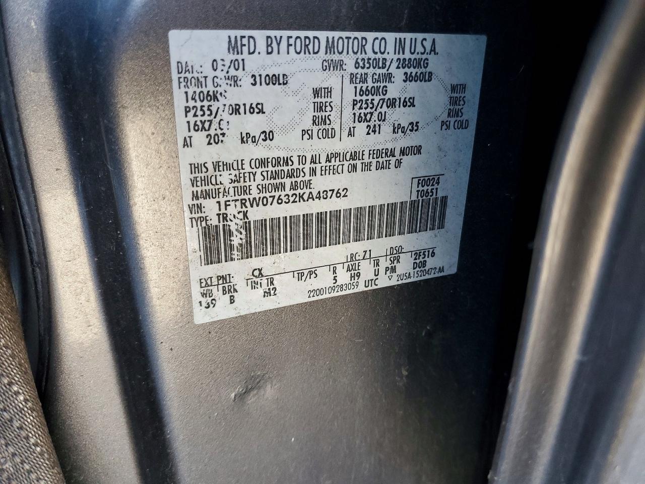 2002 Ford F150 Supercrew Gray vin: 1FTRW07632KA48762