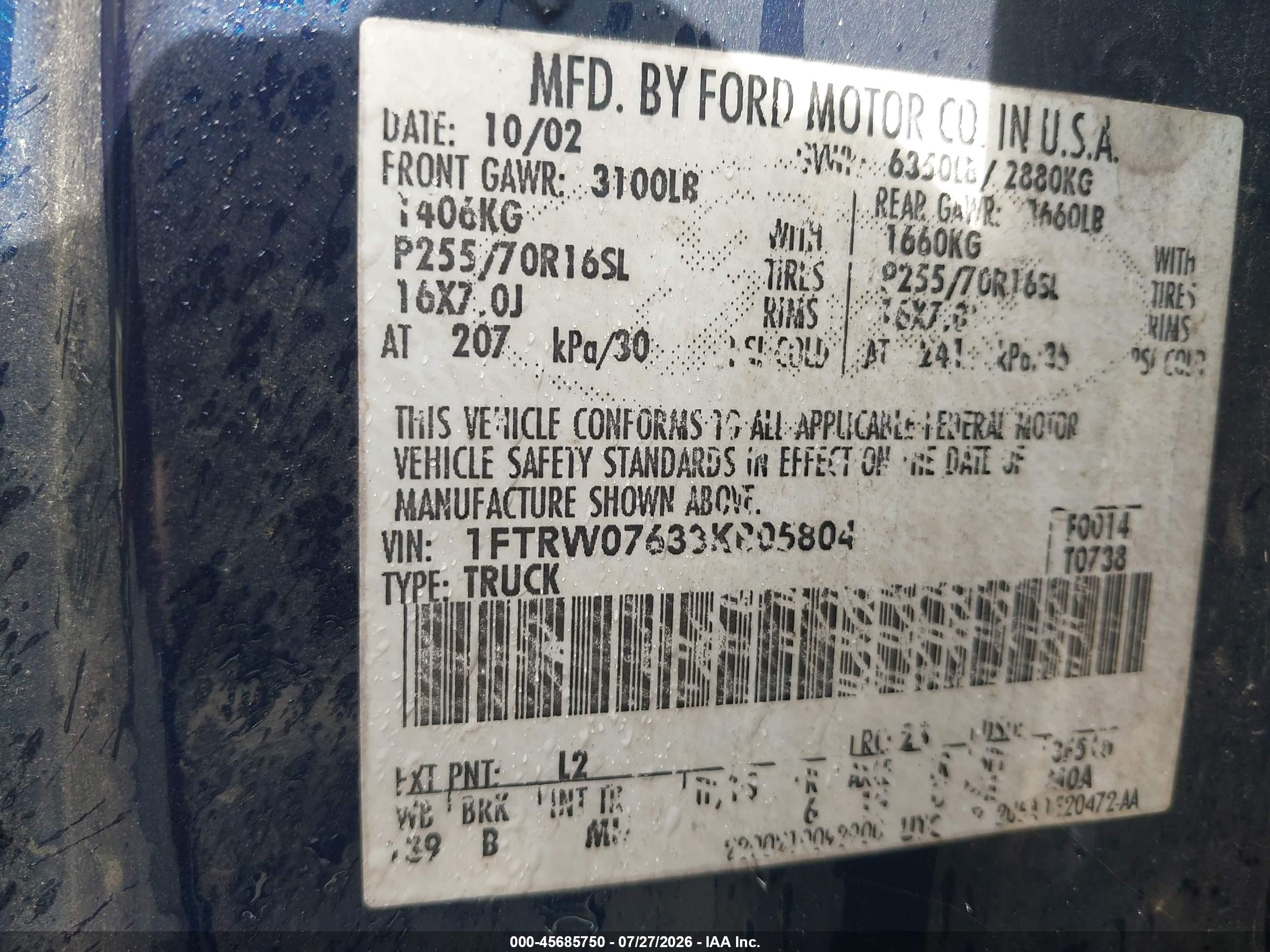 2003 Ford F-150 Lariat/xlt Blue vin: 1FTRW07633KB05804