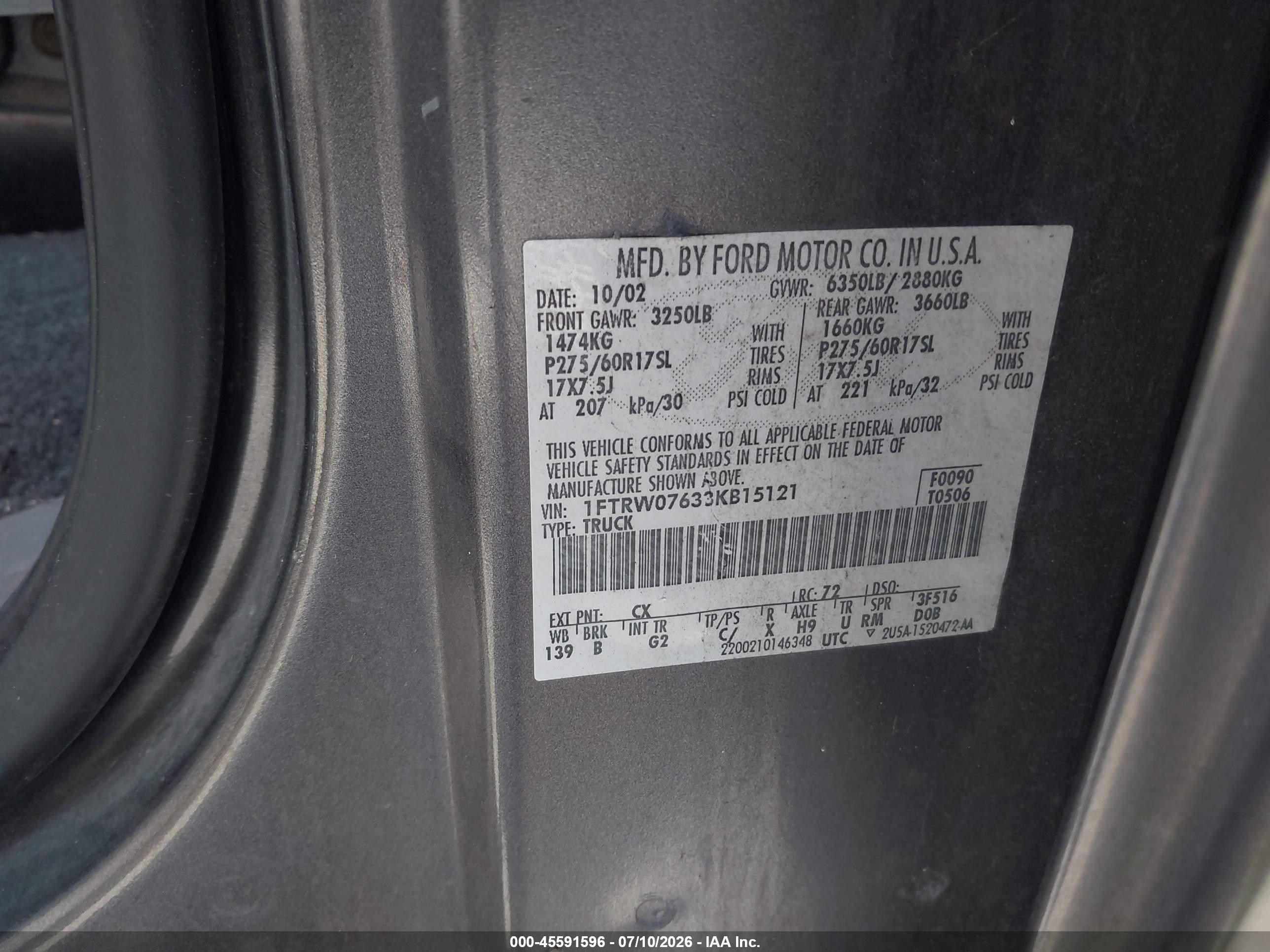 2003 Ford F-150 Lariat/xlt Gray vin: 1FTRW07633KB15121