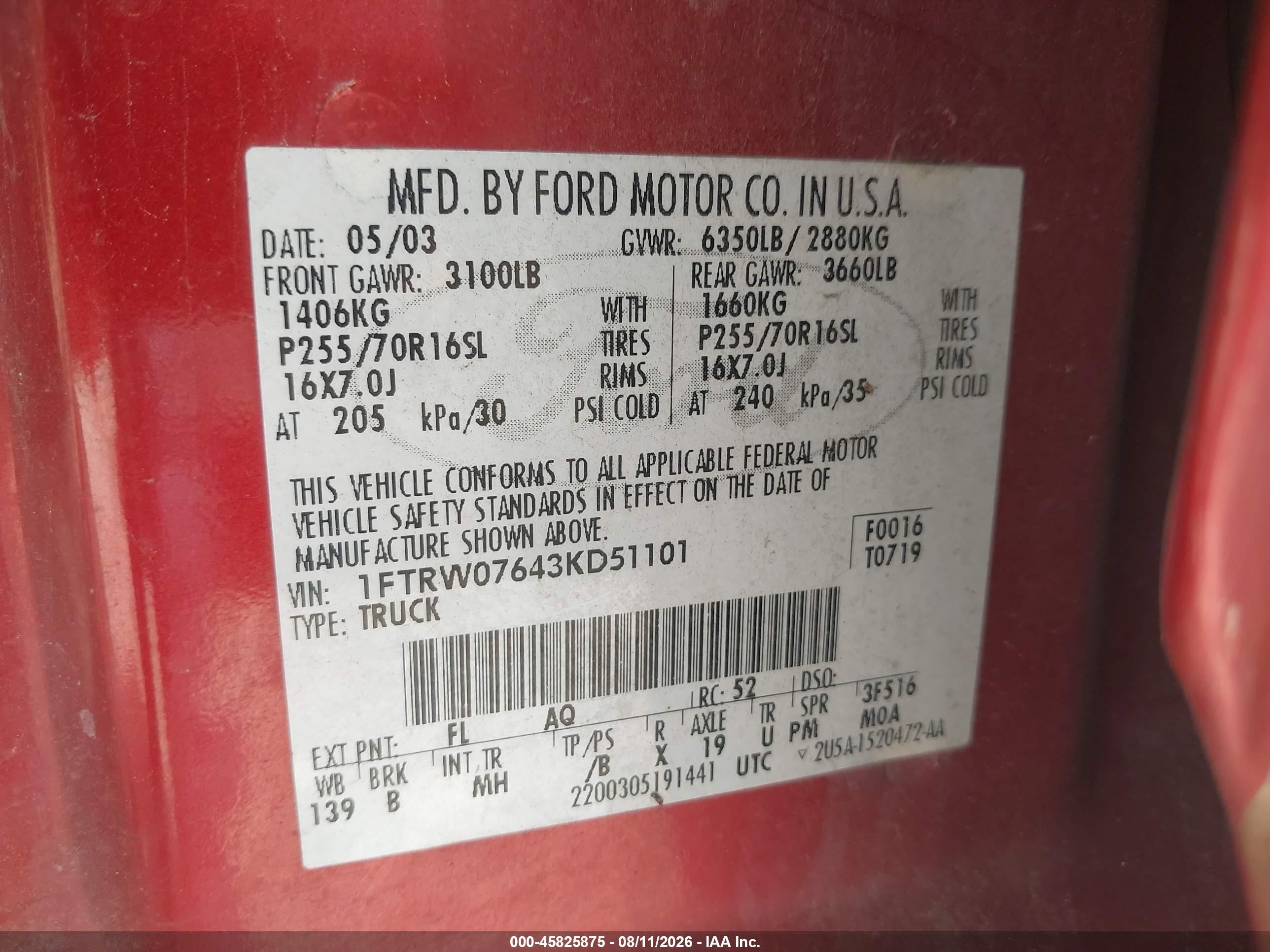 2003 Ford F-150 Lariat/xlt Red vin: 1FTRW07643KD51101