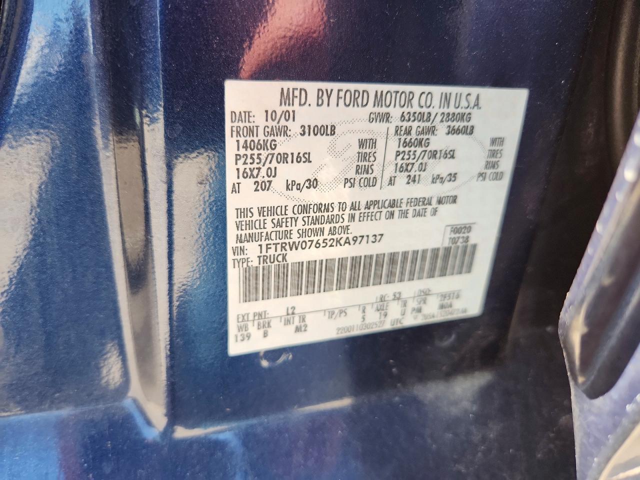 2002 Ford F150 Supercrew Blue vin: 1FTRW07652KA97137