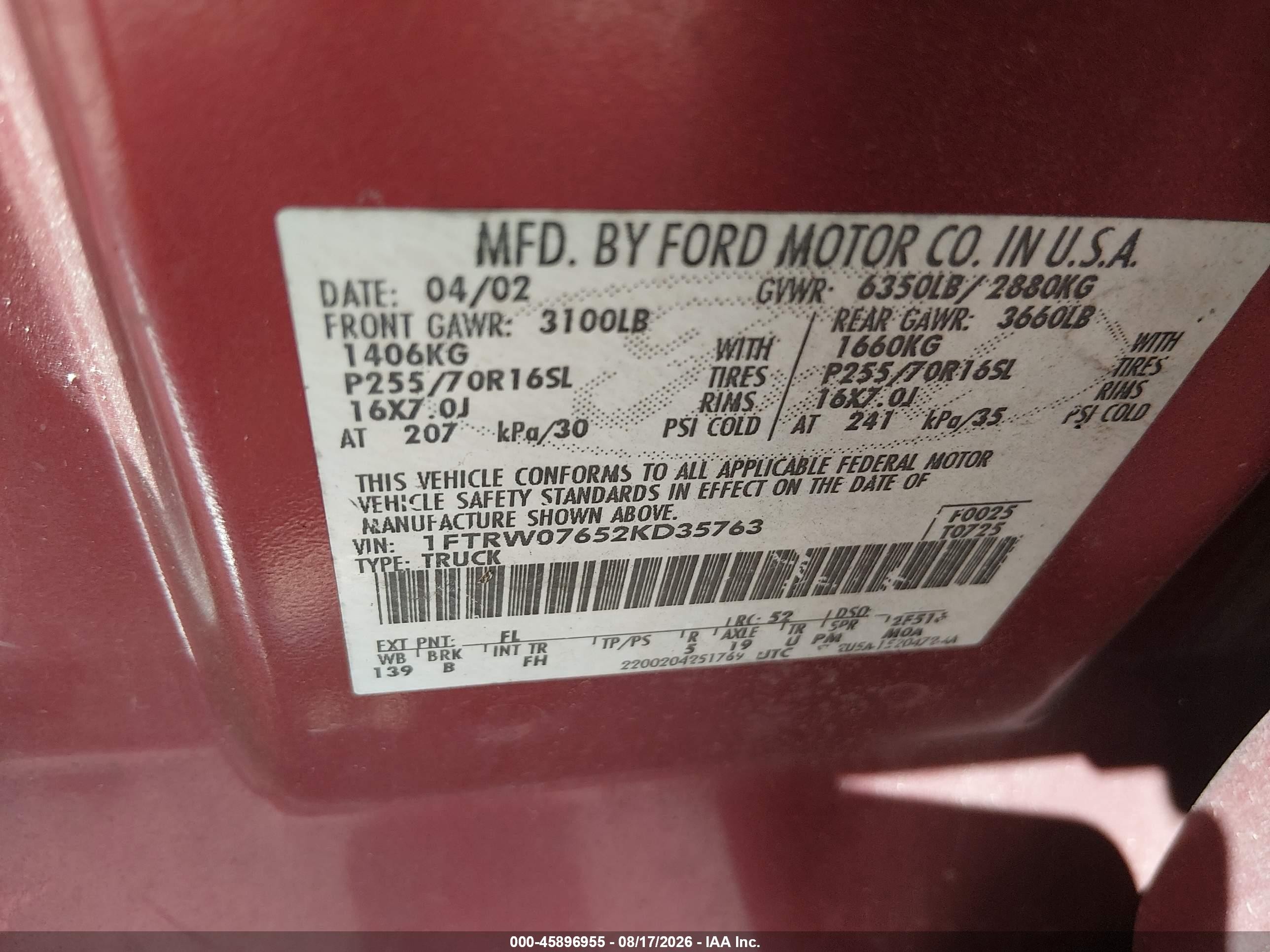 2002 Ford F-150 Lariat/xlt Red vin: 1FTRW07652KD35763