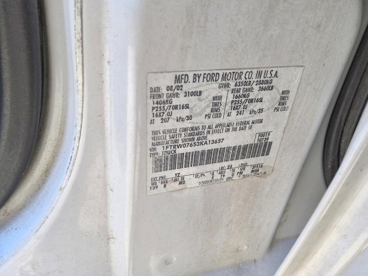 2003 Ford F150 Supercrew White vin: 1FTRW07653KA13657