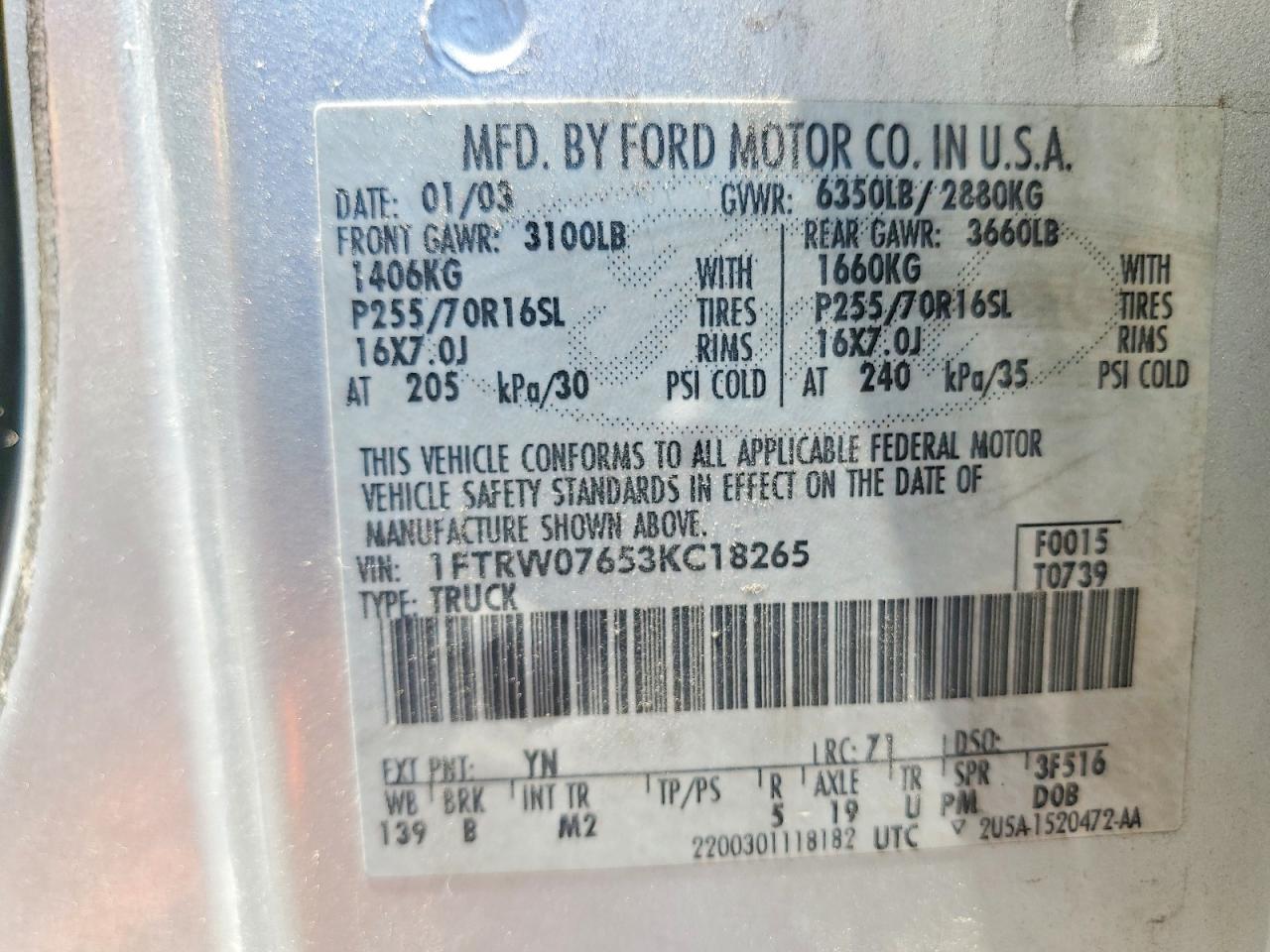 2003 Ford F150 Supercrew Gray vin: 1FTRW07653KC18265