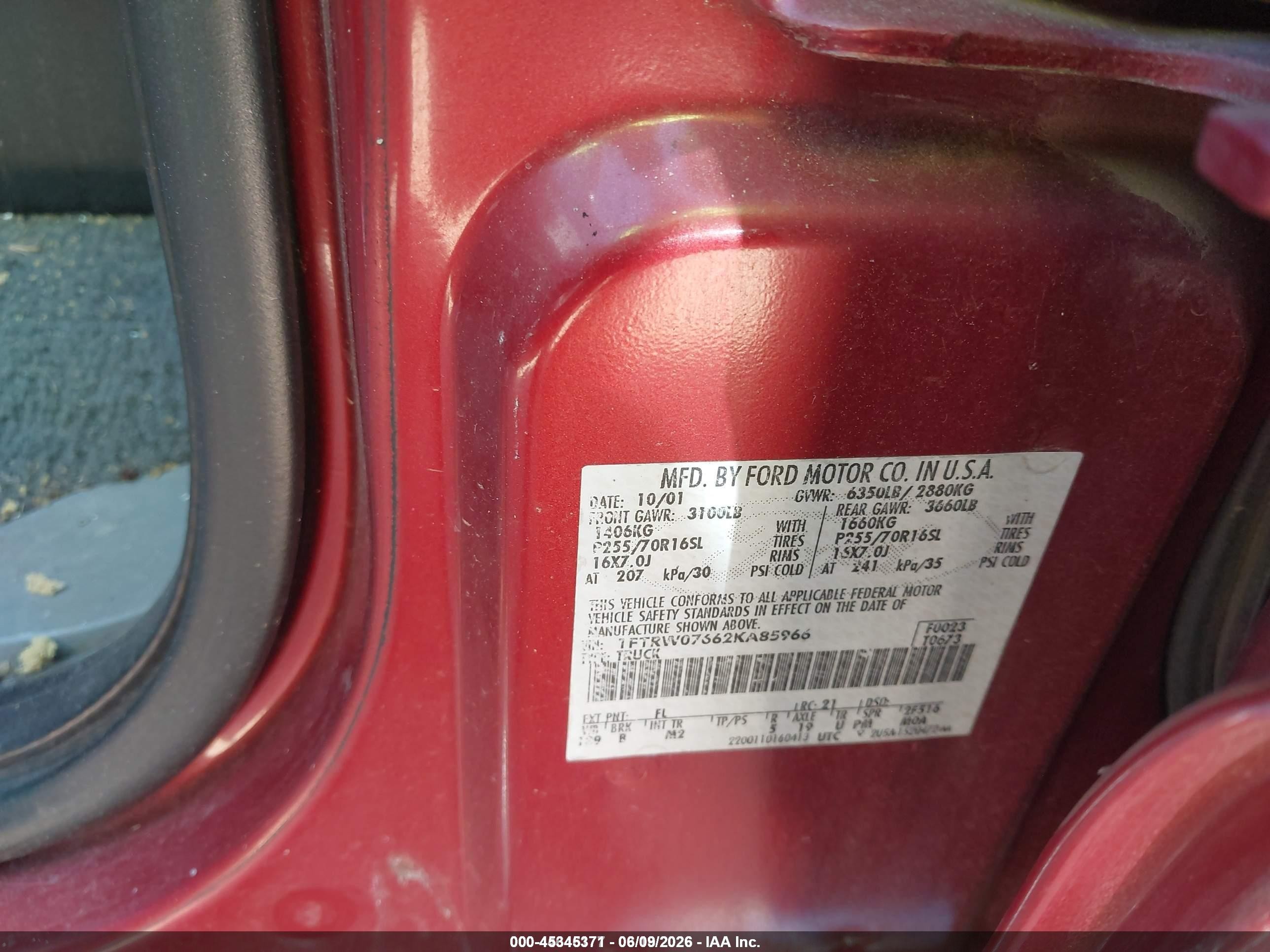 2002 Ford F-150 Lariat/xlt Burgundy vin: 1FTRW07662KA85966