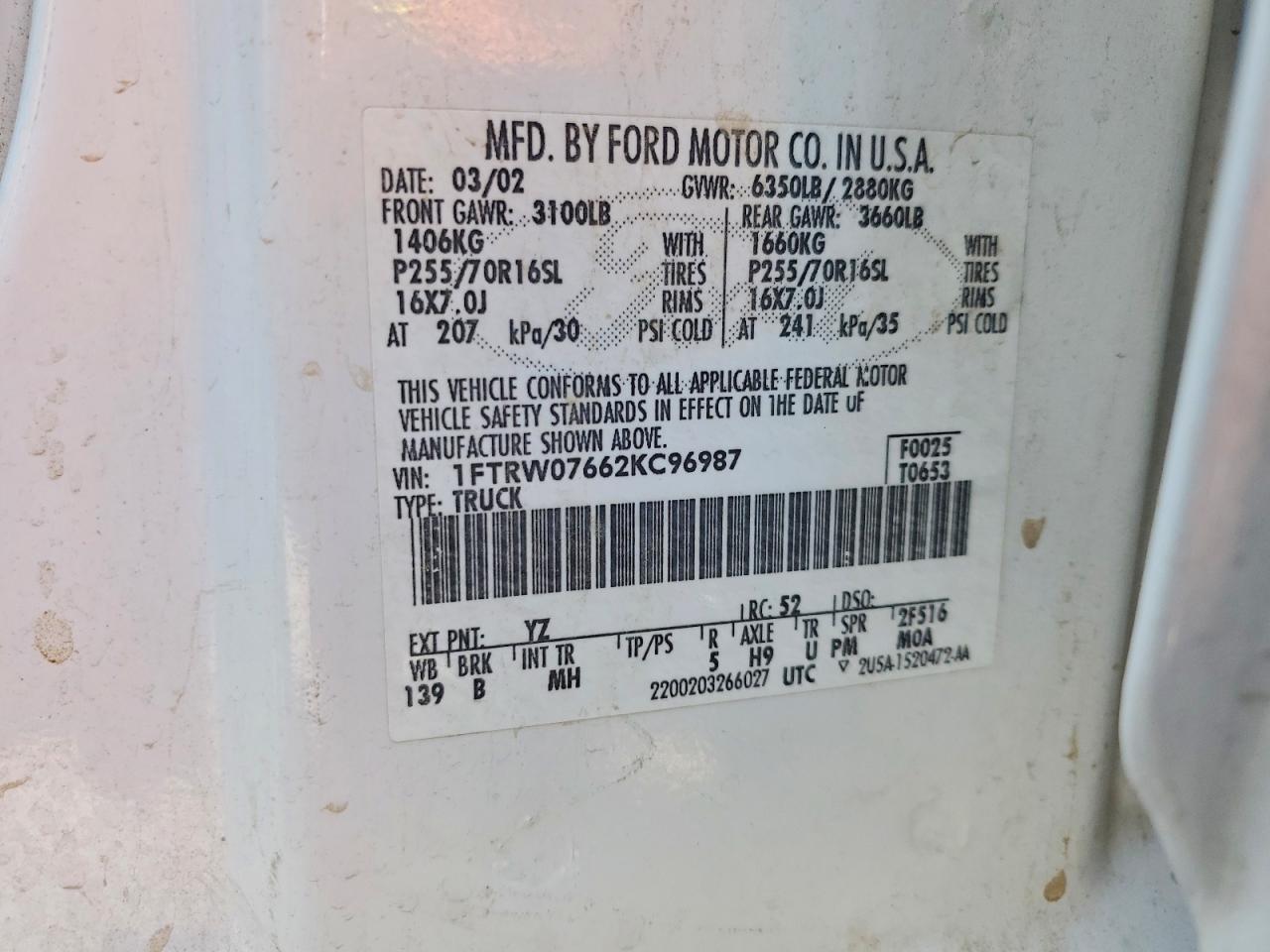 2002 Ford F150 Supercrew White vin: 1FTRW07662KC96987