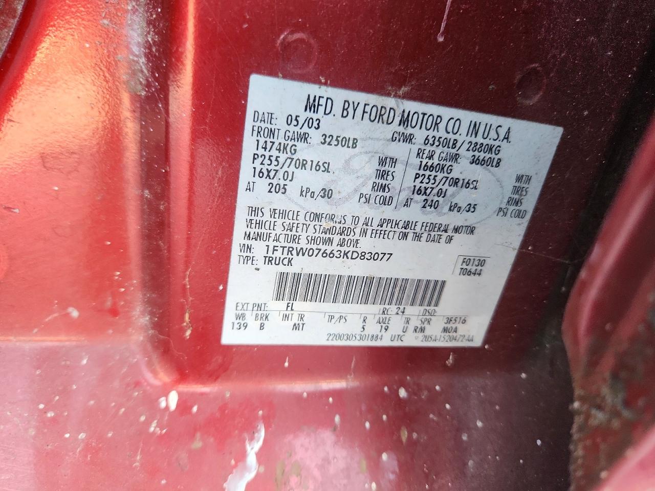 2003 Ford F150 Supercrew Red vin: 1FTRW07663KD83077