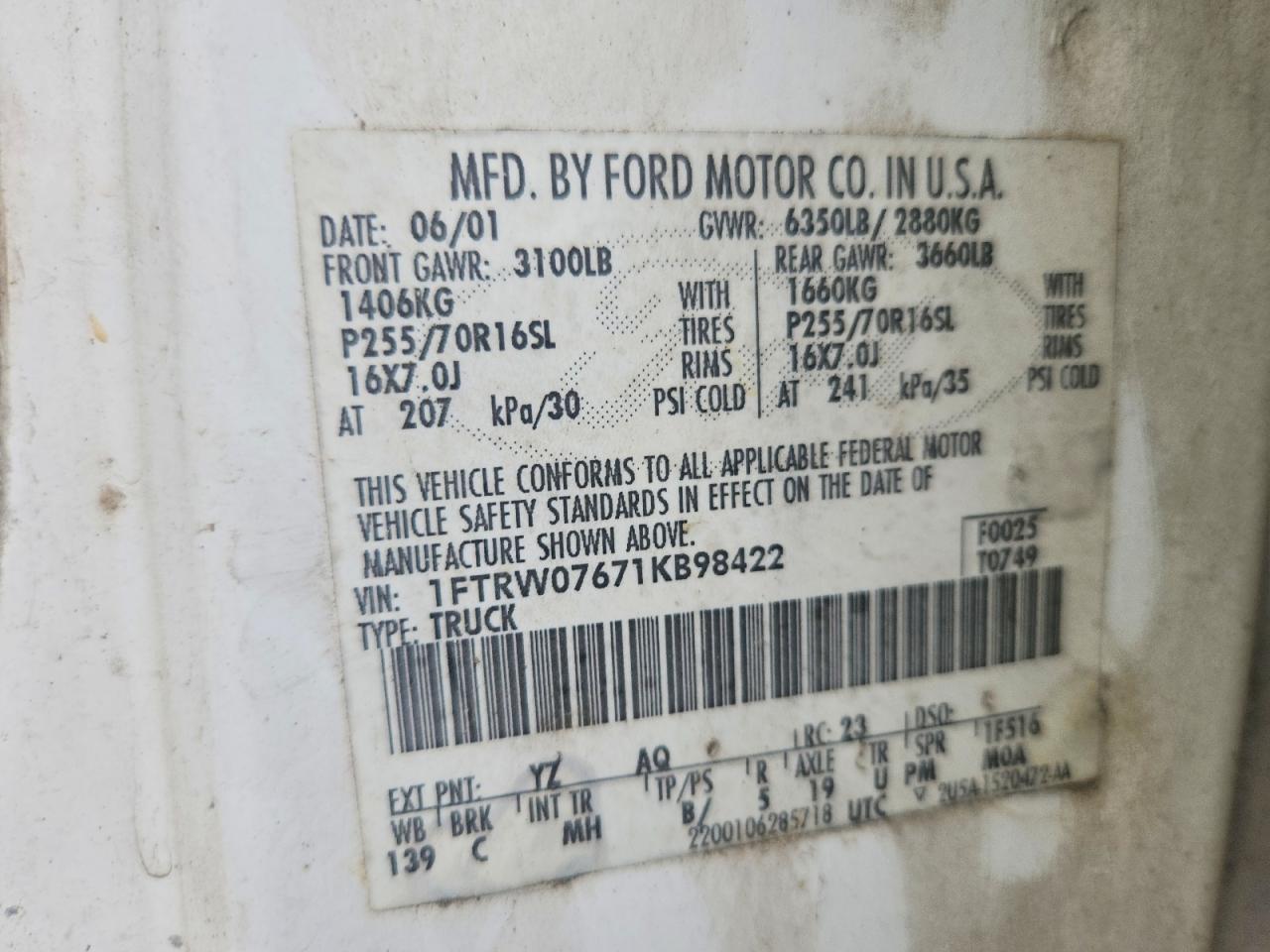 2001 Ford F150 Supercrew Белый vin: 1FTRW07671KB98422