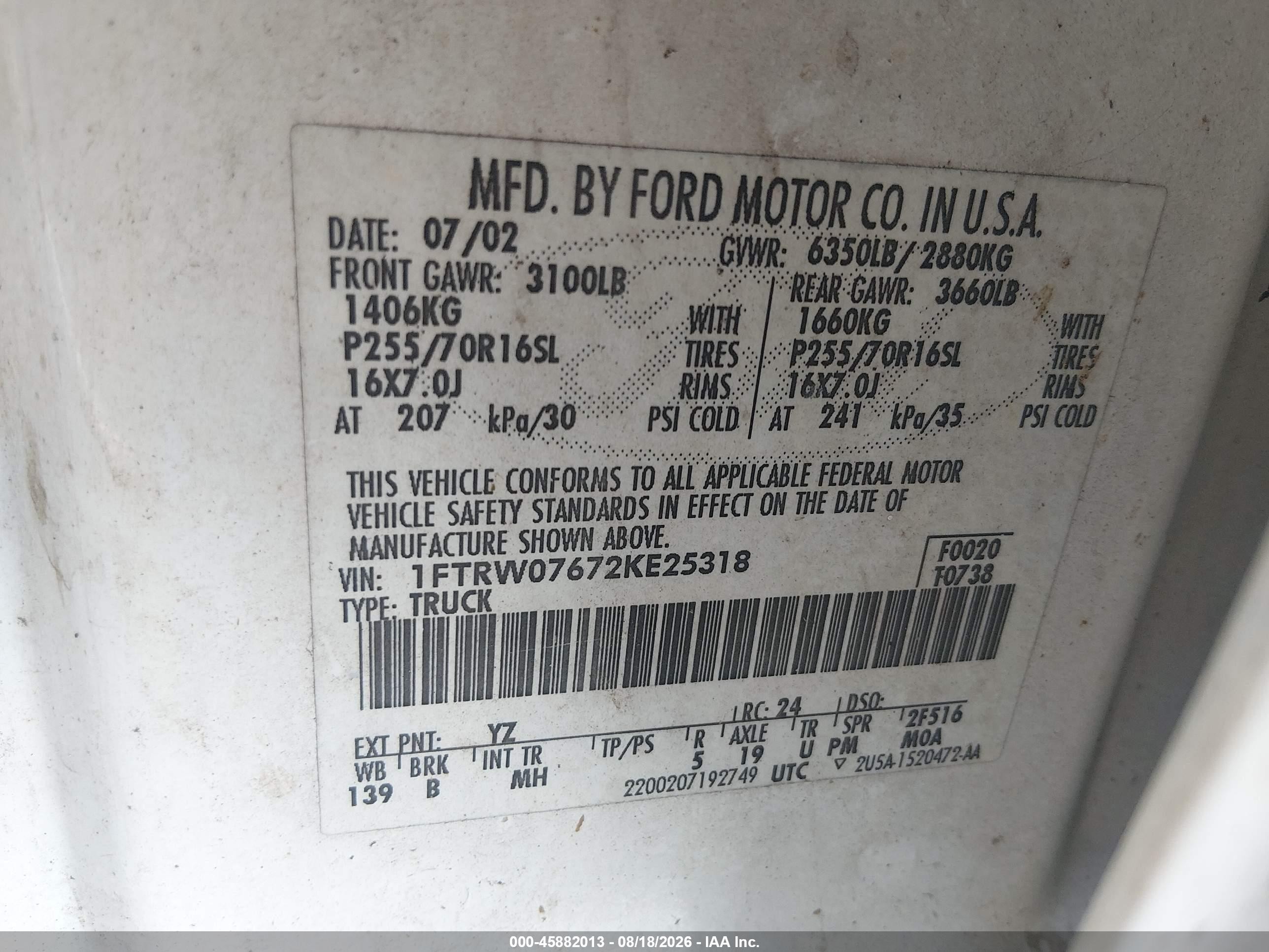 2002 Ford F-150 Lariat/xlt Белый vin: 1FTRW07672KE25318