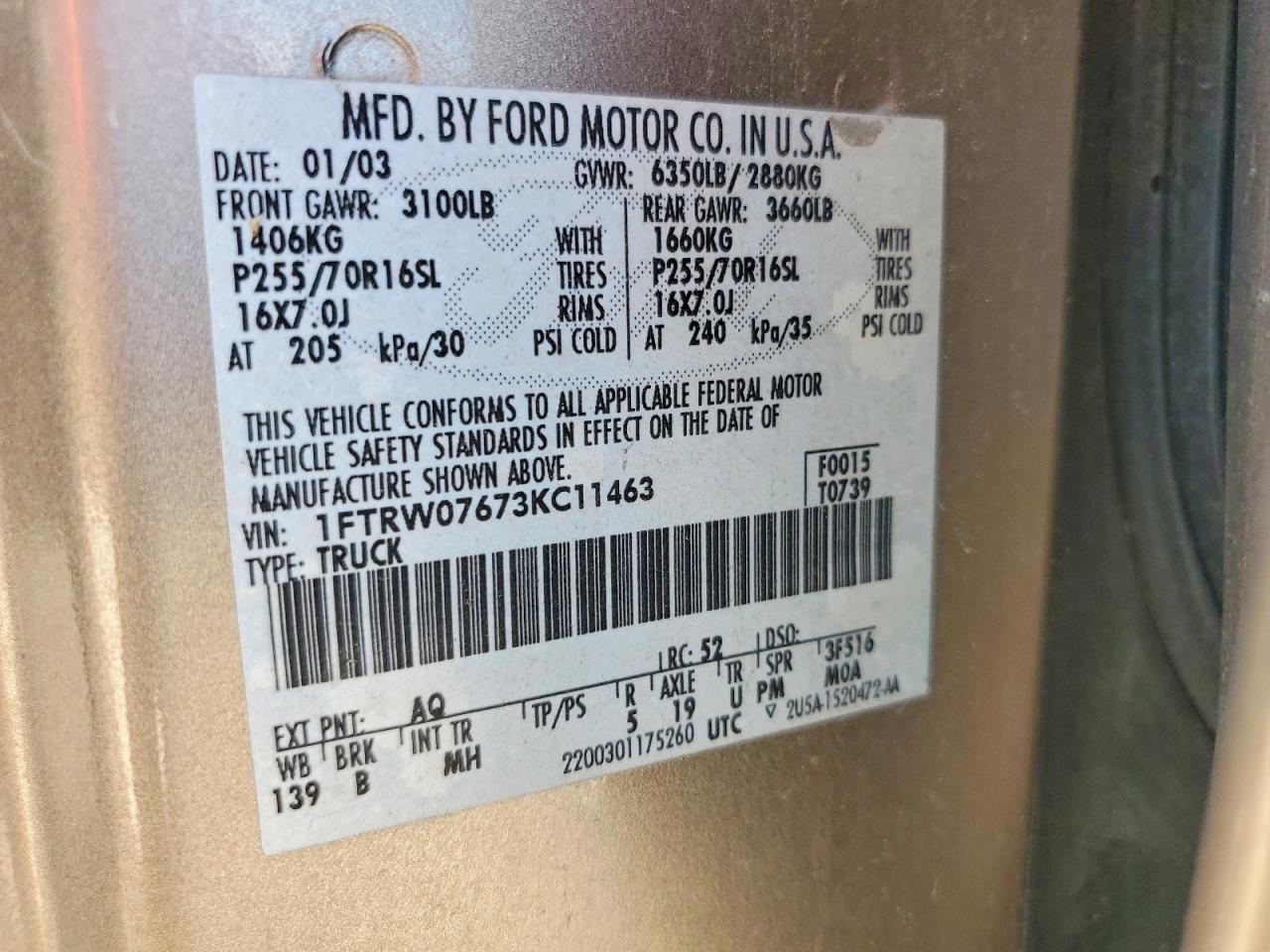 2003 Ford F150 Supercrew Tan vin: 1FTRW07673KC11463