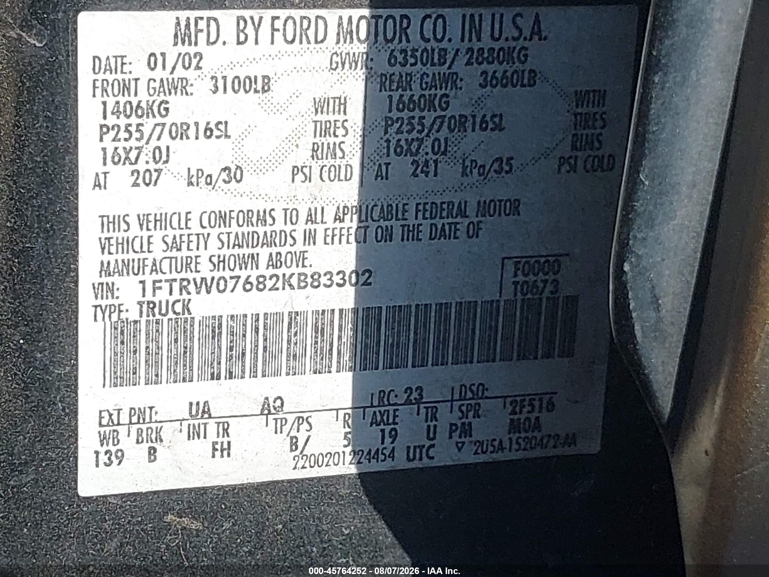 2002 Ford F-150 Lariat/xlt Black vin: 1FTRW07682KB83302