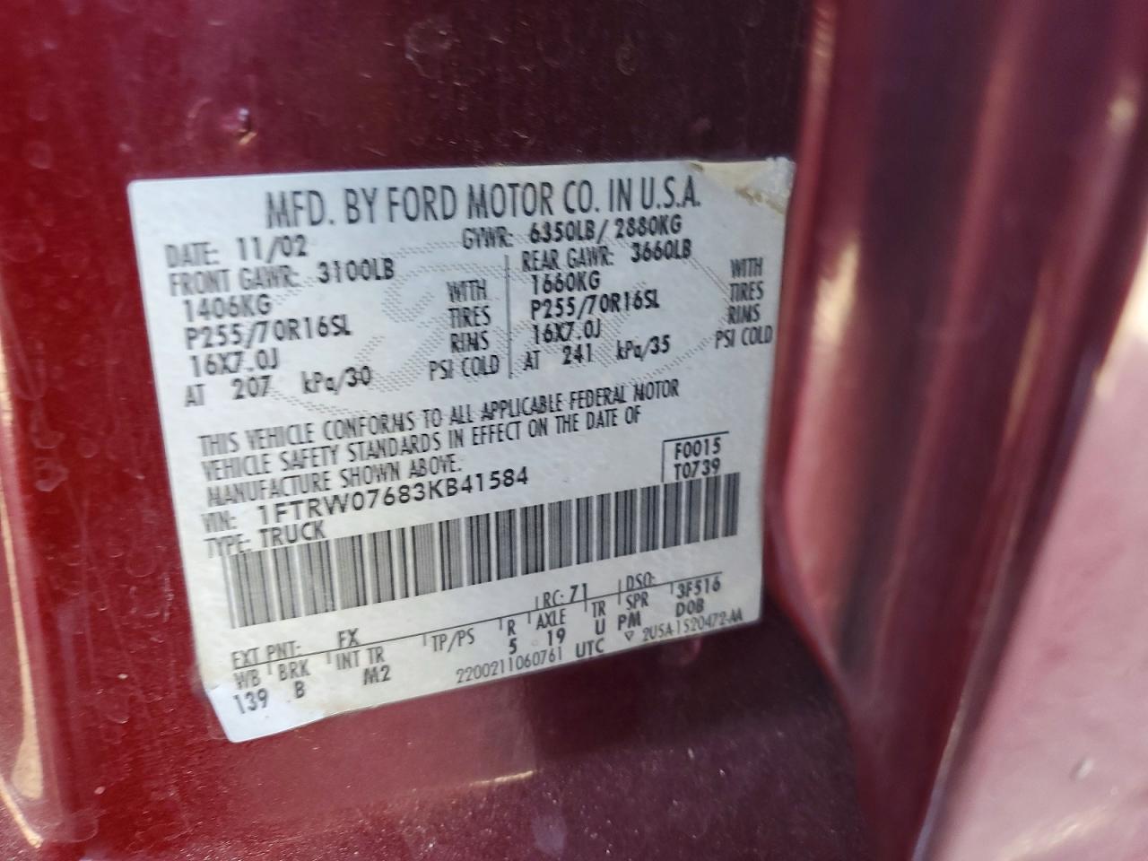 2003 Ford F150 Supercrew Бордовый vin: 1FTRW07683KB41584