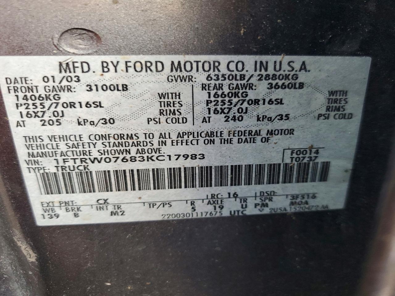 2003 Ford F150 Supercrew Gray vin: 1FTRW07683KC17983
