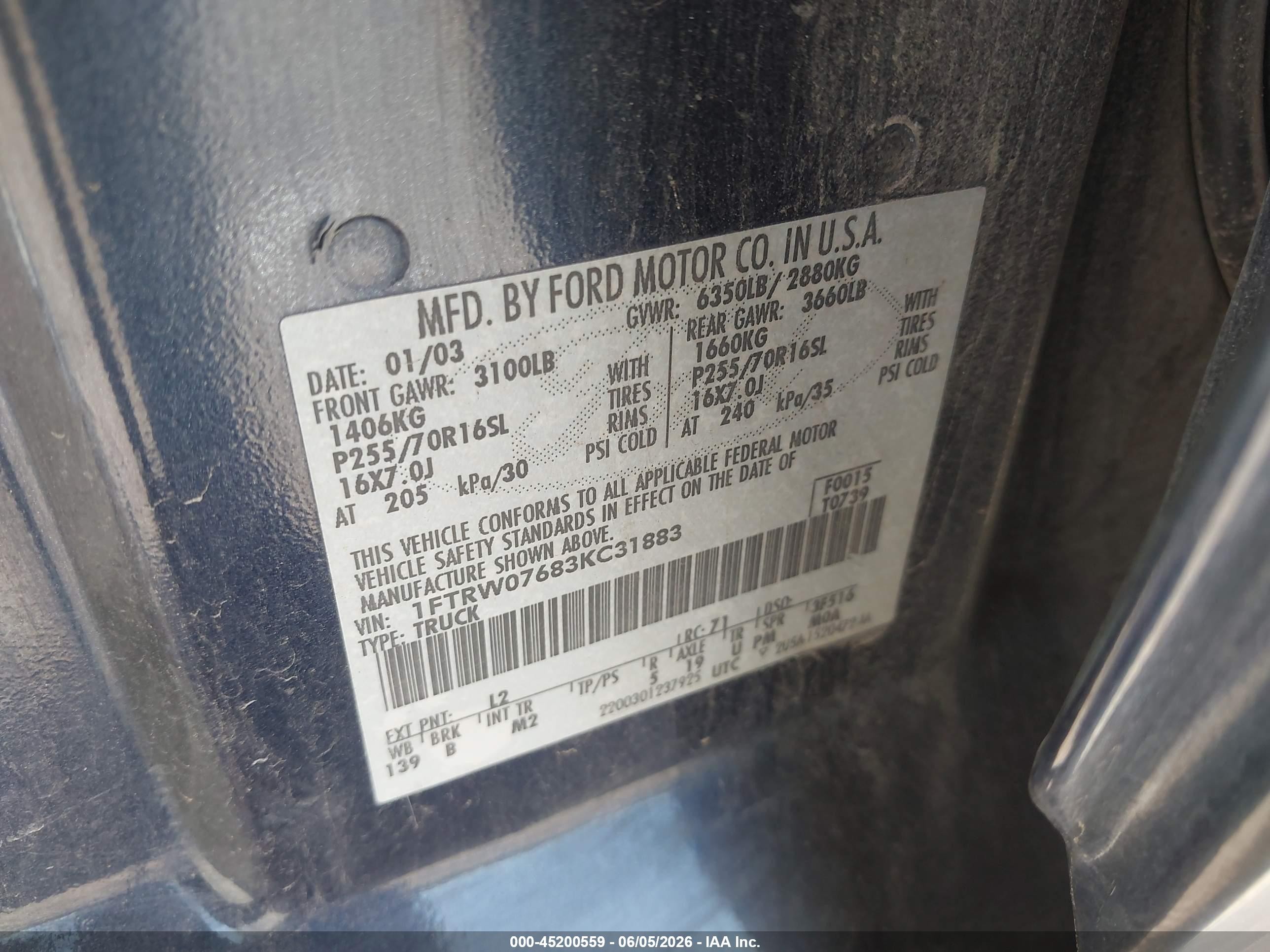 2003 Ford F-150 Lariat/xlt Blue vin: 1FTRW07683KC31883