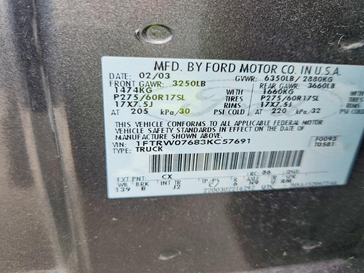 2003 Ford F150 Supercrew Gray vin: 1FTRW07683KC57691