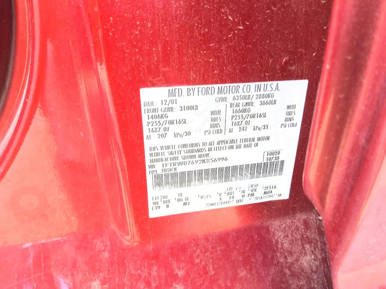2002 Ford F150 Supercrew Бордовый vin: 1FTRW07692KB56996