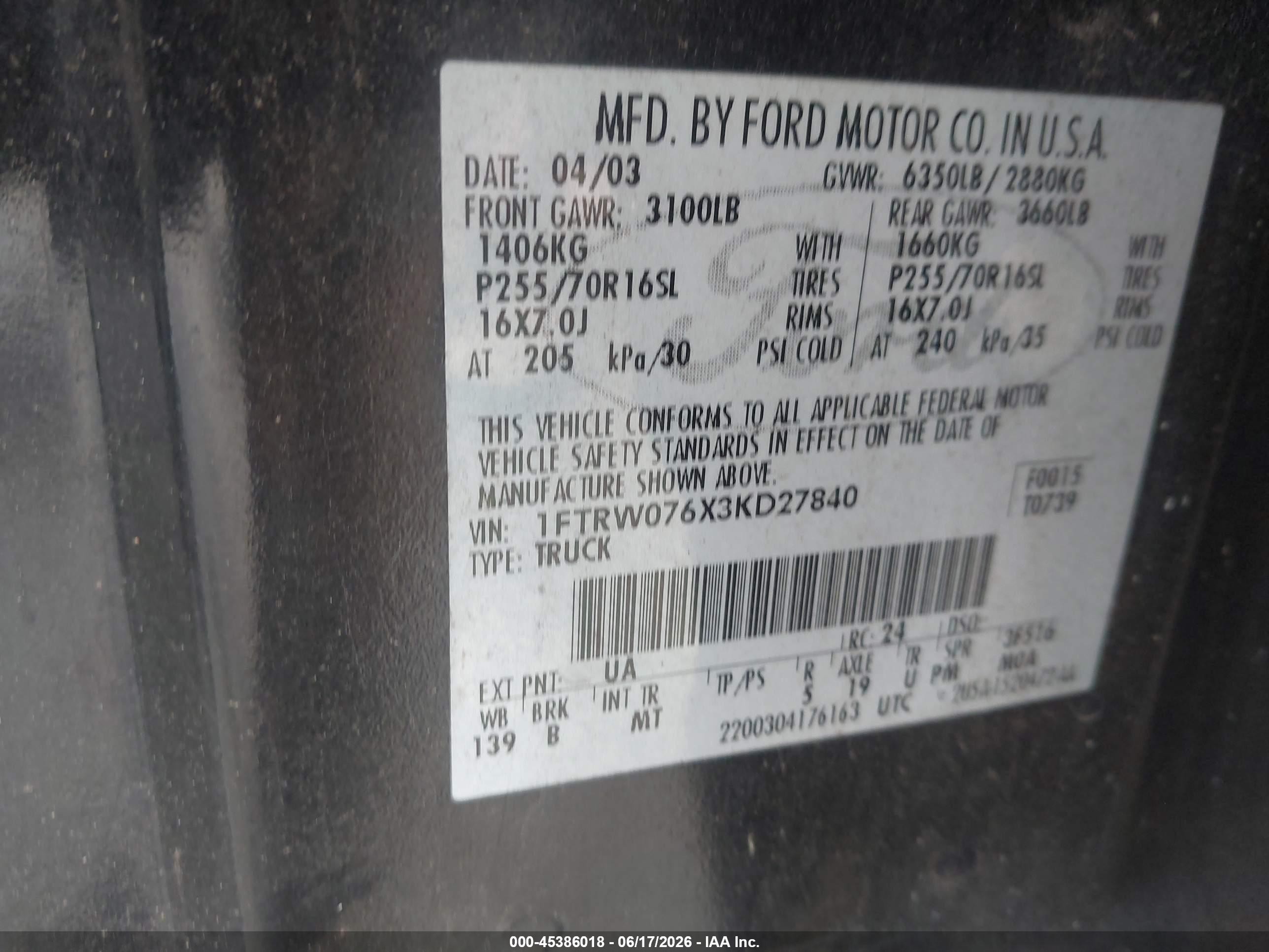 2003 Ford F-150 Lariat/xlt Black vin: 1FTRW076X3KD27840